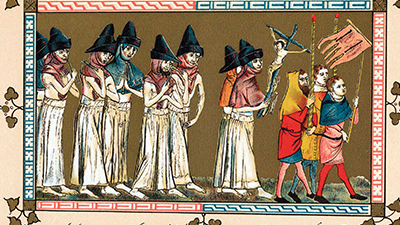 A medieval painting of several worshippers carrying a model of Jesus on the cross. In front of them, three men hold up a red flag.