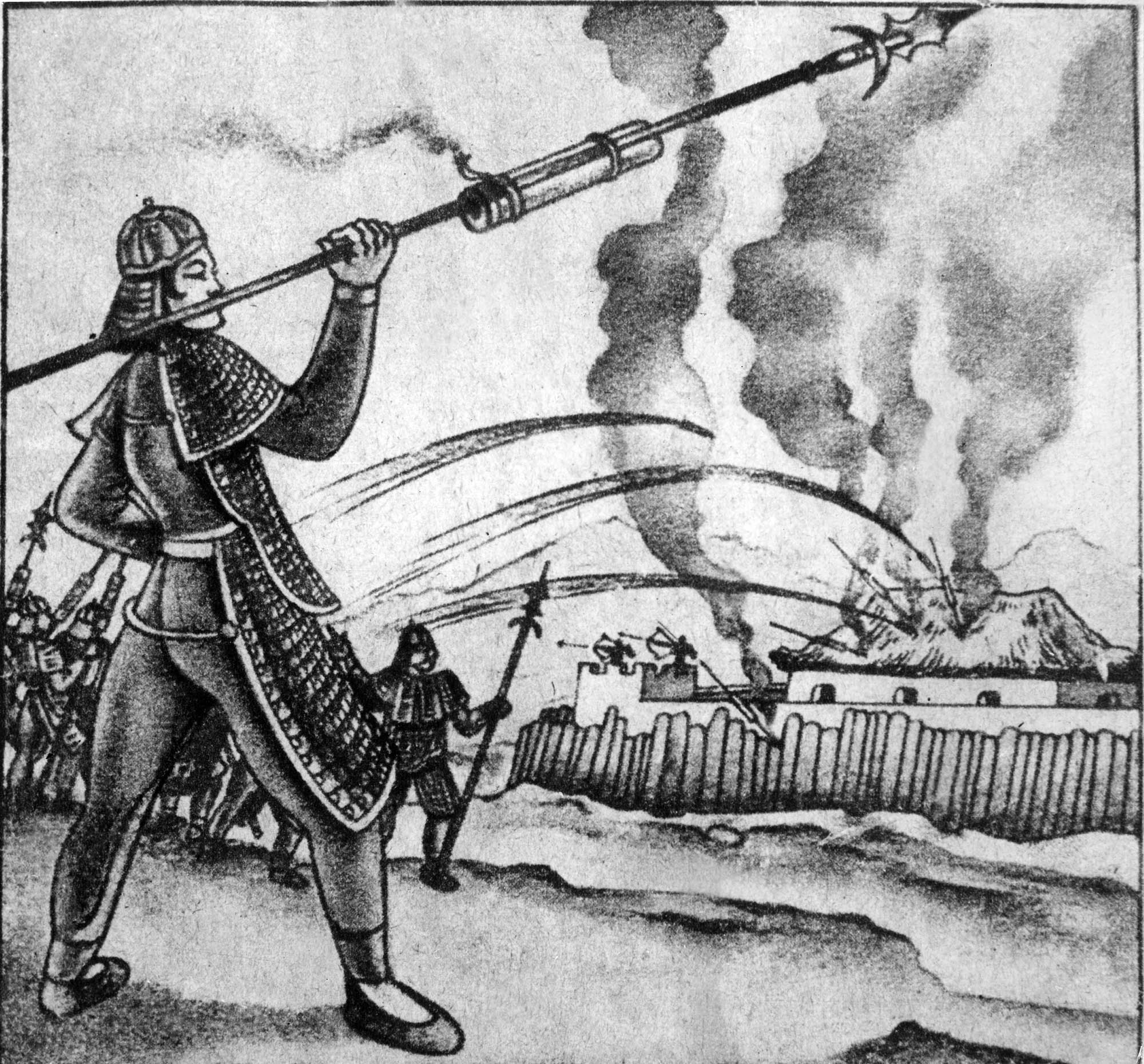 A black and white drawing of a soldier holding a fire lance, which is spear with a rocket attached.