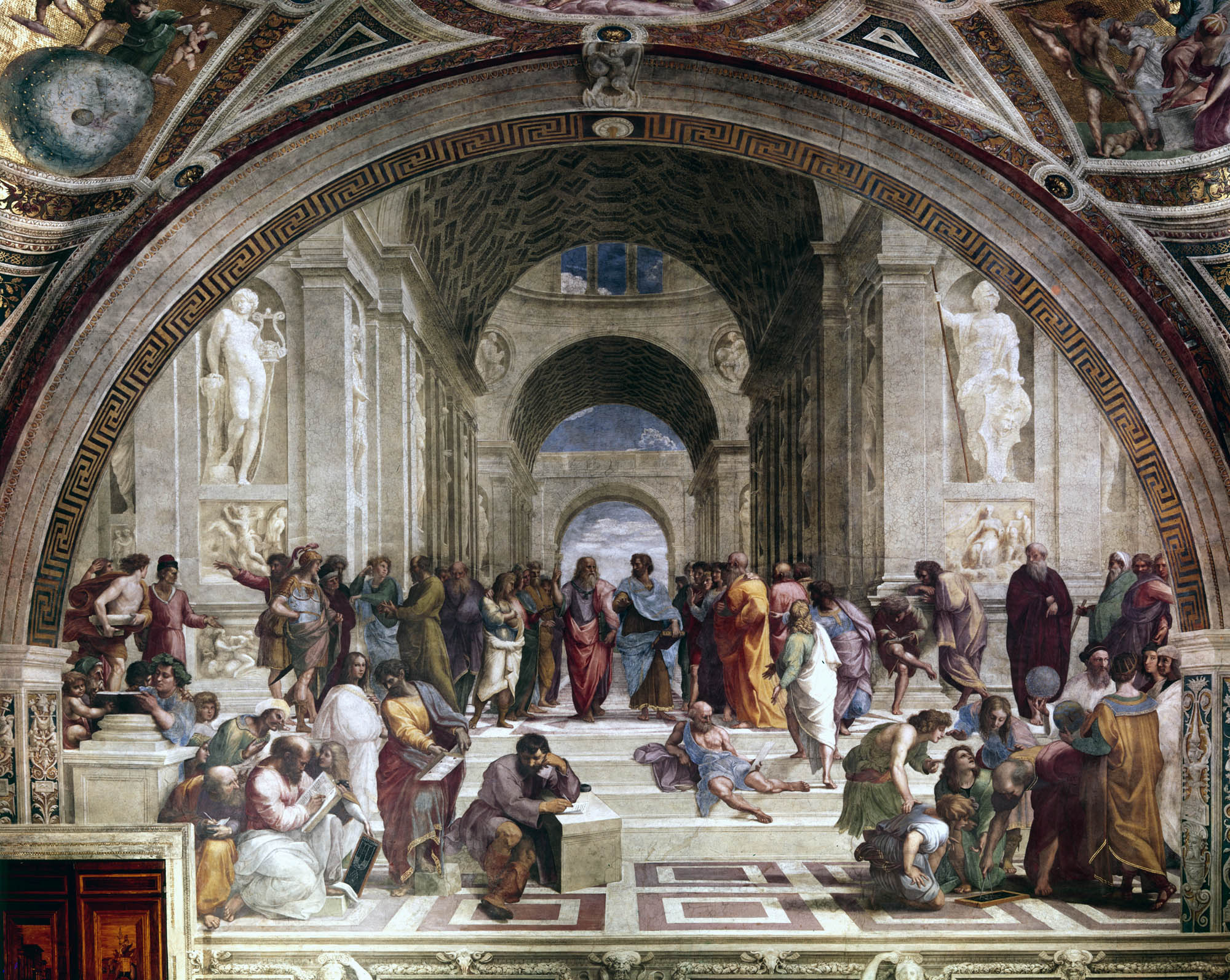 Painting showing ancient scholars studying, in discussion, and walking in small groups.