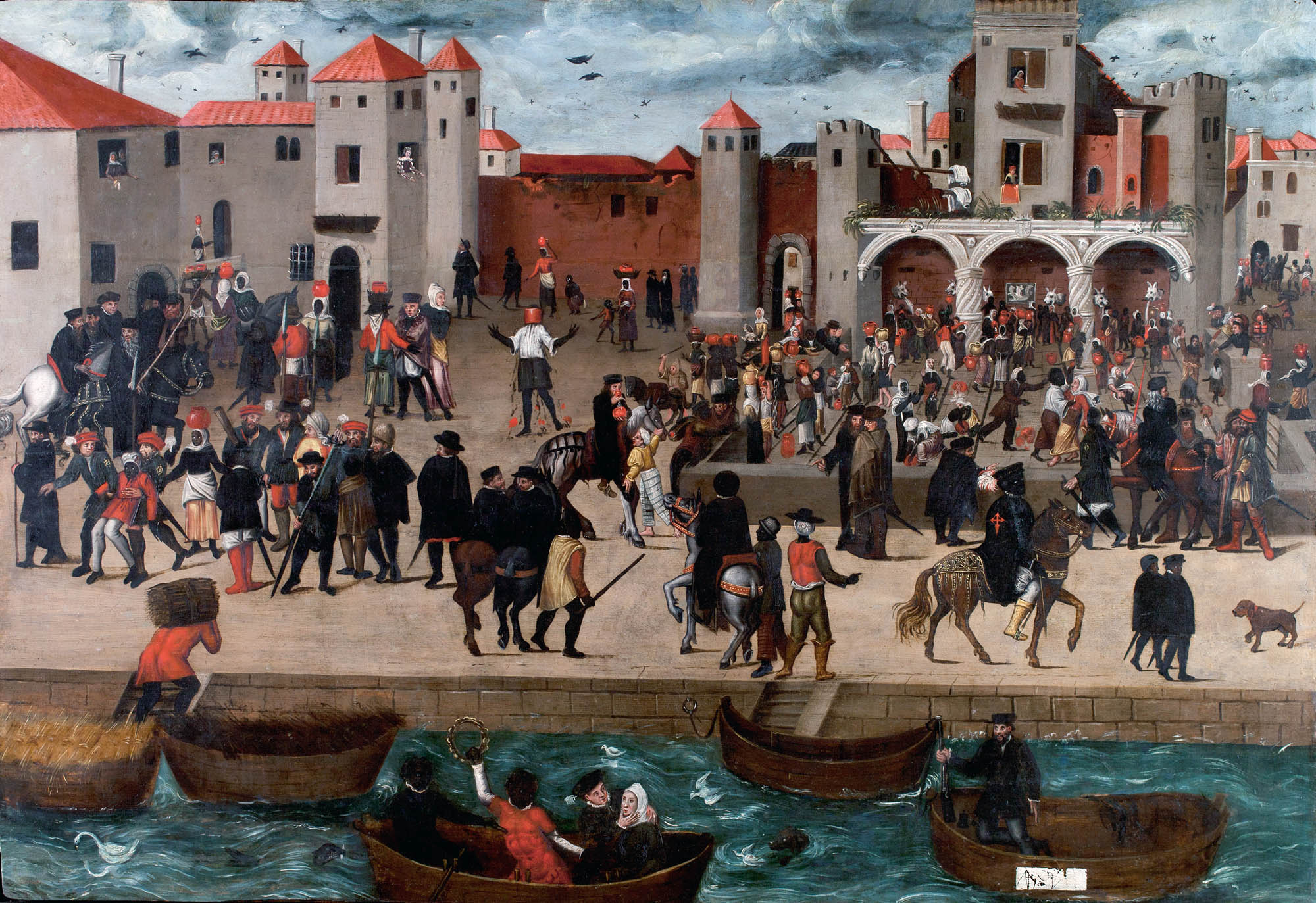 A painting of a crowd of people gathering in a busy Spanish harborfront.