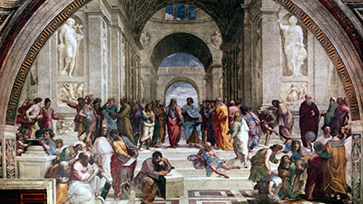 Painting showing ancient scholars studying, in discussion, and walking in small groups.