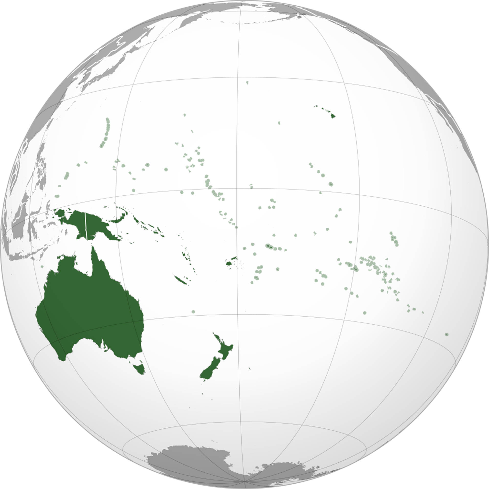 Globe map with the island countries of Oceania highlighted.
