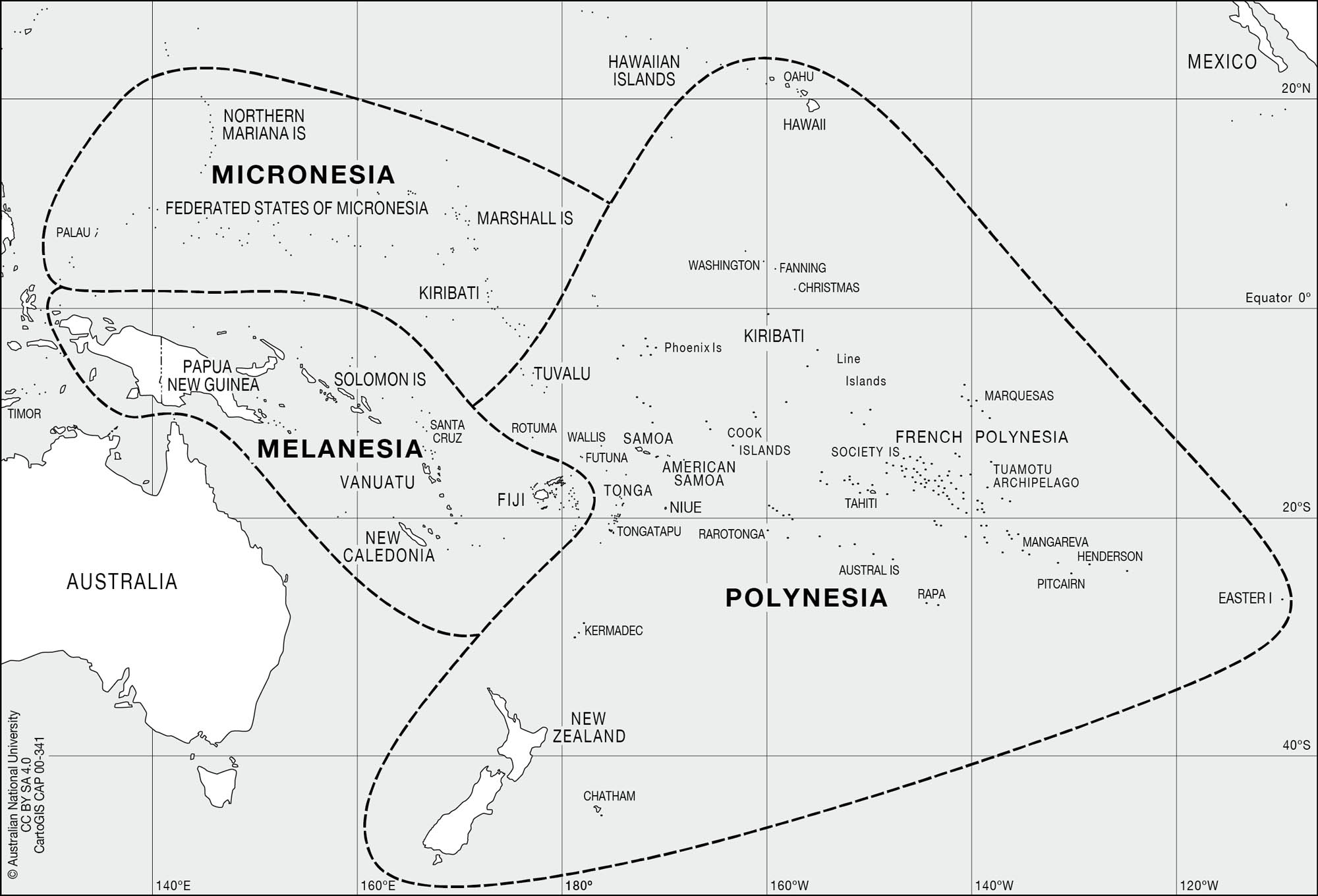 Map showing how the cultural communities of Oceania are divided into Micronesia, Melanesia, and Polynesia.