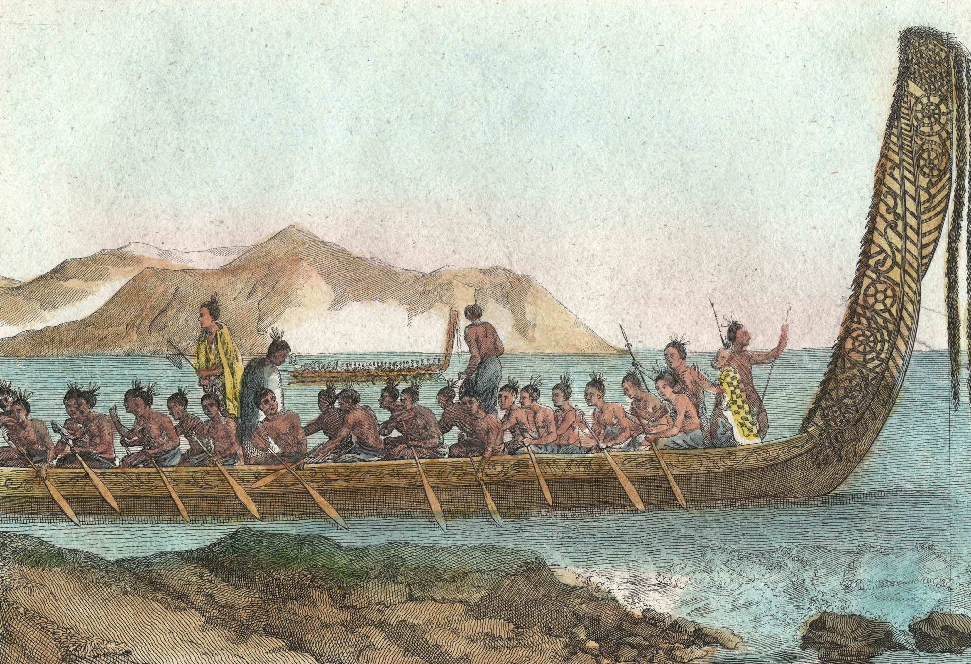 Illustration of a crew paddling a large canoe. The canoe has a large and ornate tail.