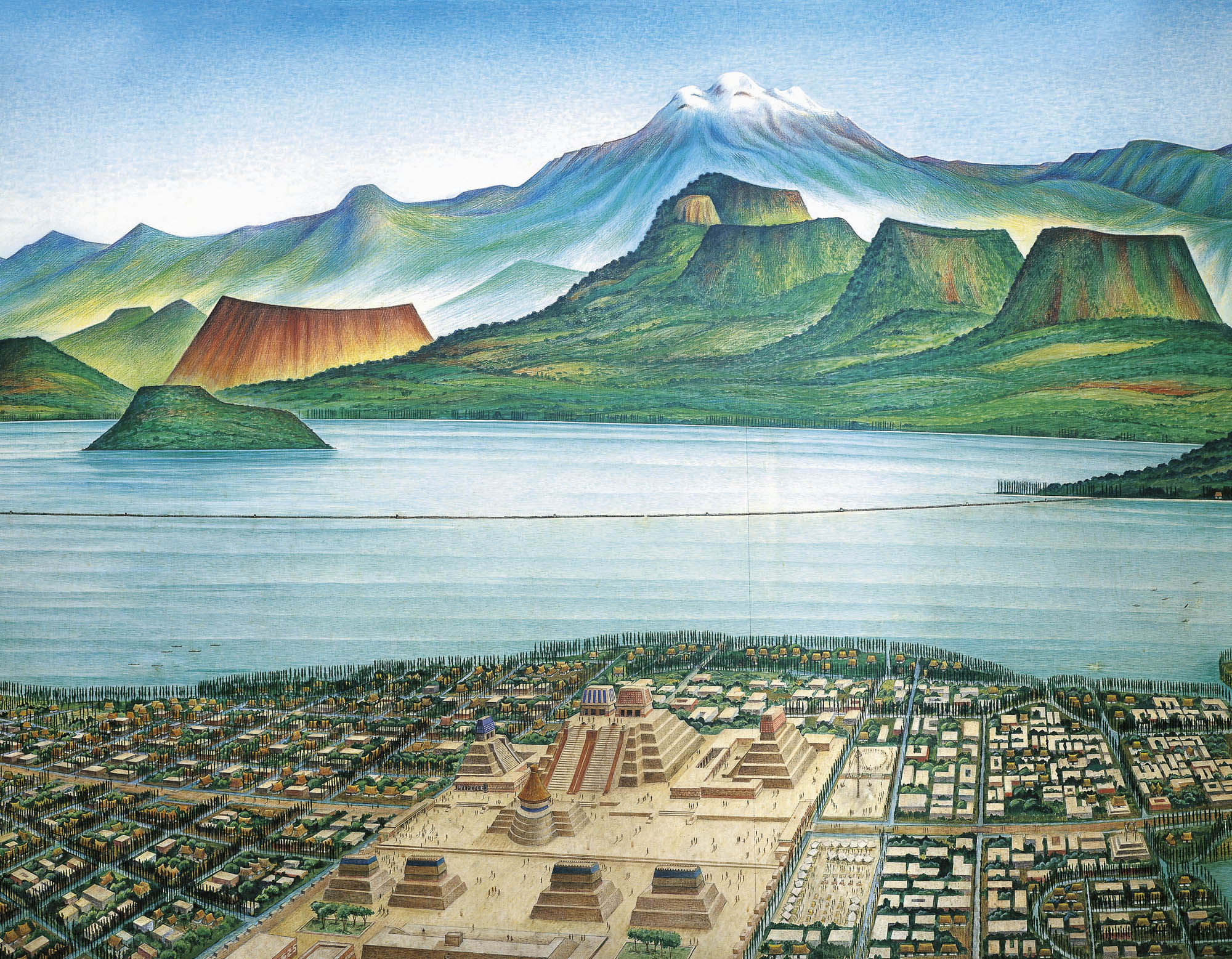 Painting of a panoramic view of an Aztec city in the foreground, with a body of water and mountains in the background.