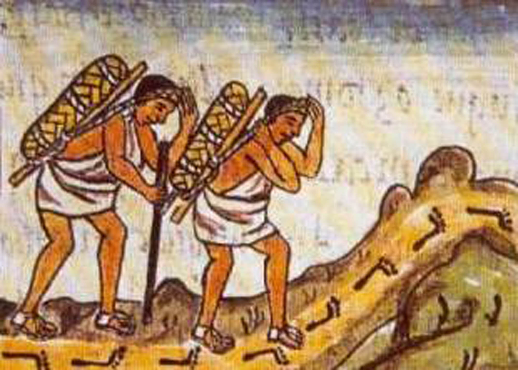 A drawn depiction of two merchants, walking along a road, their backs bent from the heavy packs they are carrying.