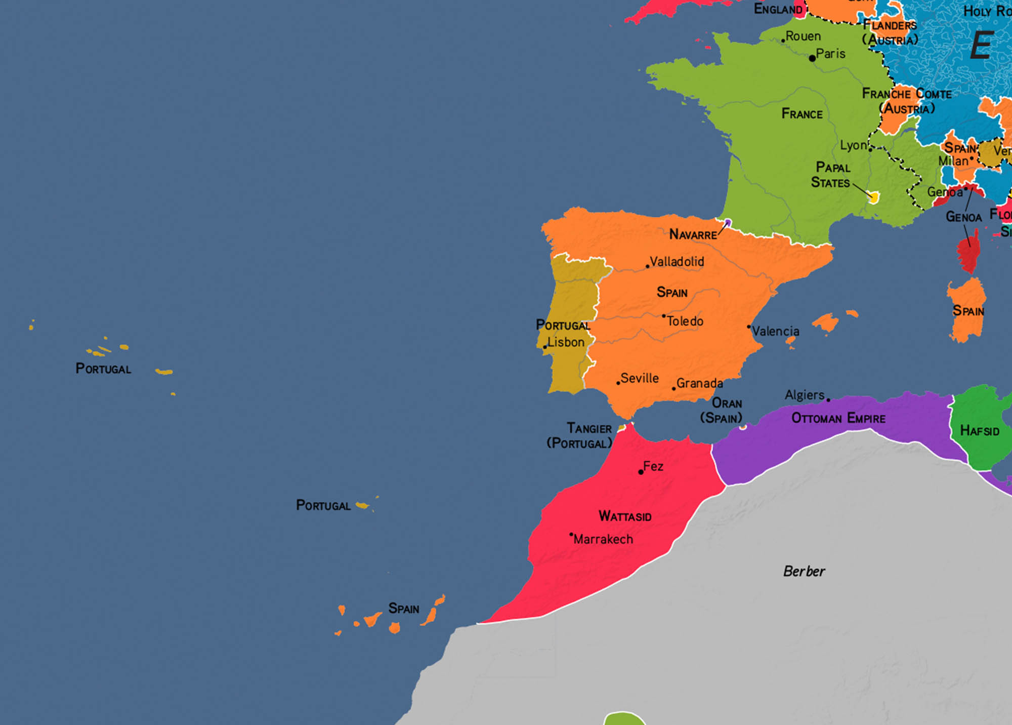 Colorful map showing the location of Spanish and Potuguese islands in the Atlantic in 1550.