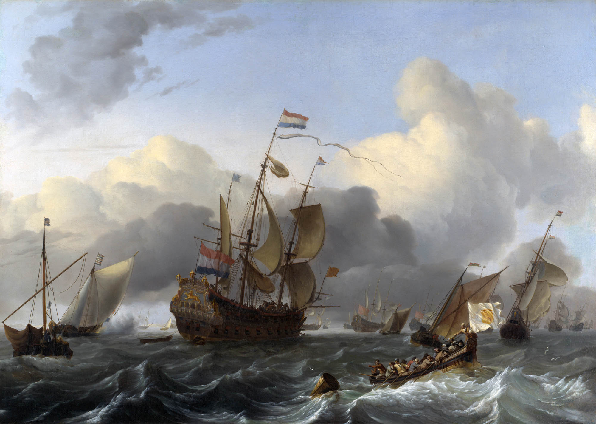 Painting of several ships on a rough sea. A small boat full of people is in the bottom right corner. A large ship with several masts is in the center.