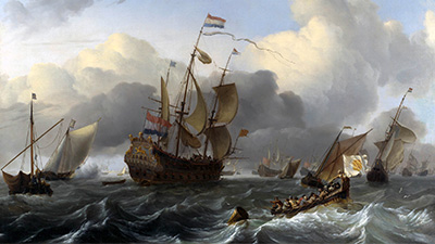 Painting of several ships on a rough sea. A small boat full of people is in the bottom right corner. A large ship with several masts is in the center.