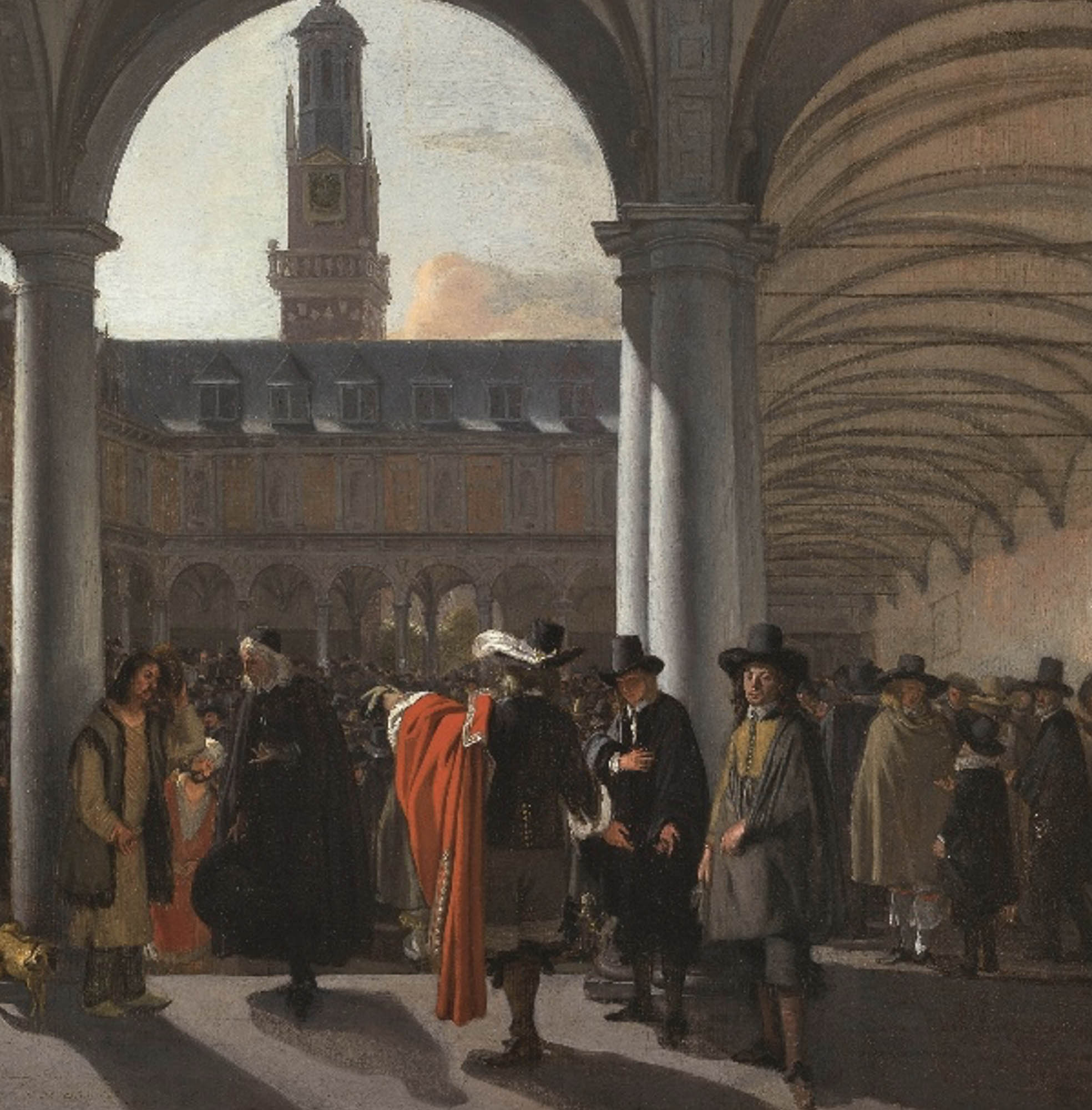 A bustling scene within the arcaded courtyard of the Amsterdam Stock Exchange, the courtyard is framed by arches and columns with a tall tower visible in the background.
