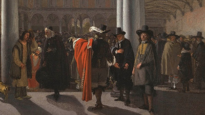 A bustling scene within the arcaded courtyard of the Amsterdam Stock Exchange, the courtyard is framed by arches and columns with a tall tower visible in the background.