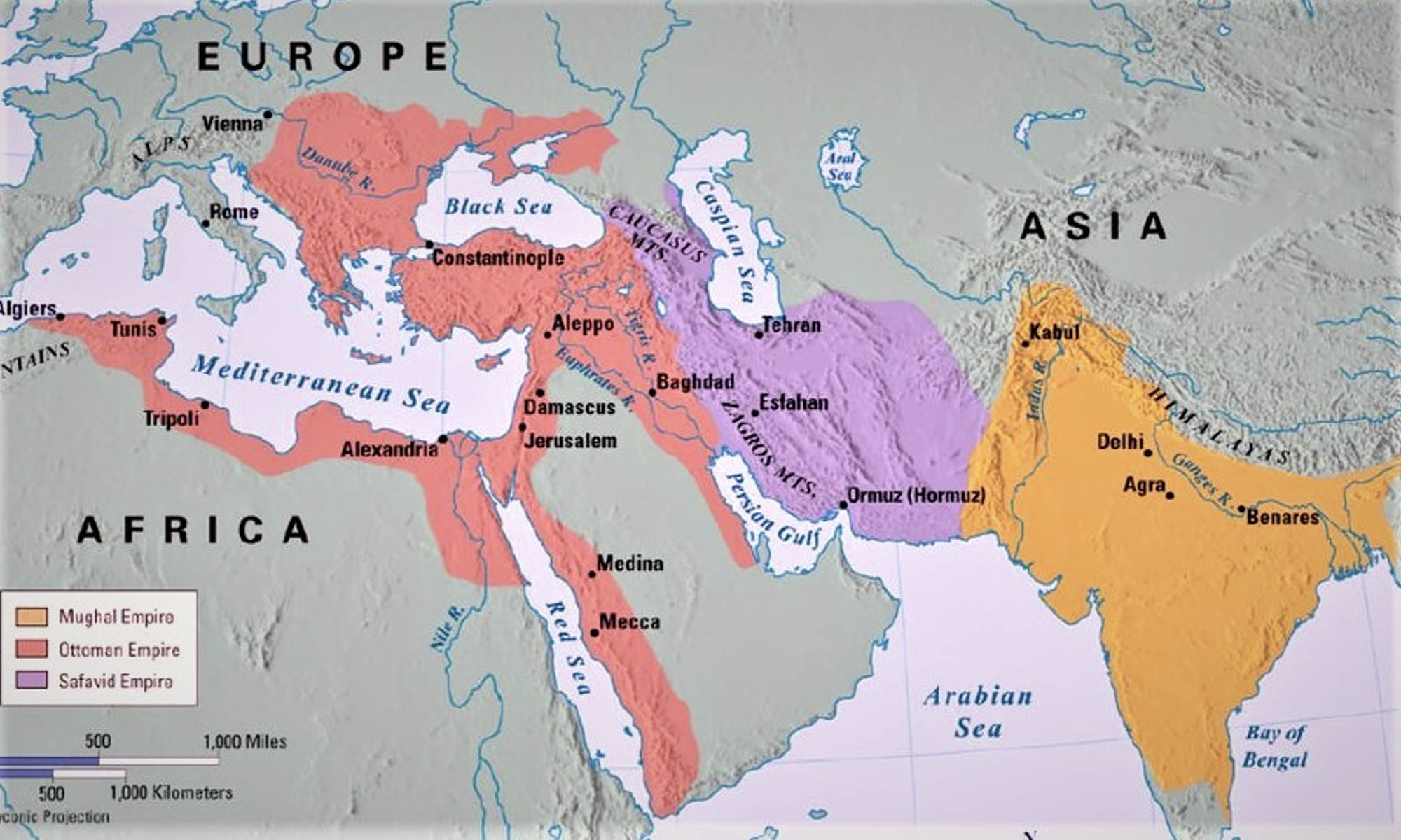 Map depicting the three gunpowder empires. The Ottoman Empire is shown in red, the Safavid Empire in purple, and the Mughal Empire in orange.