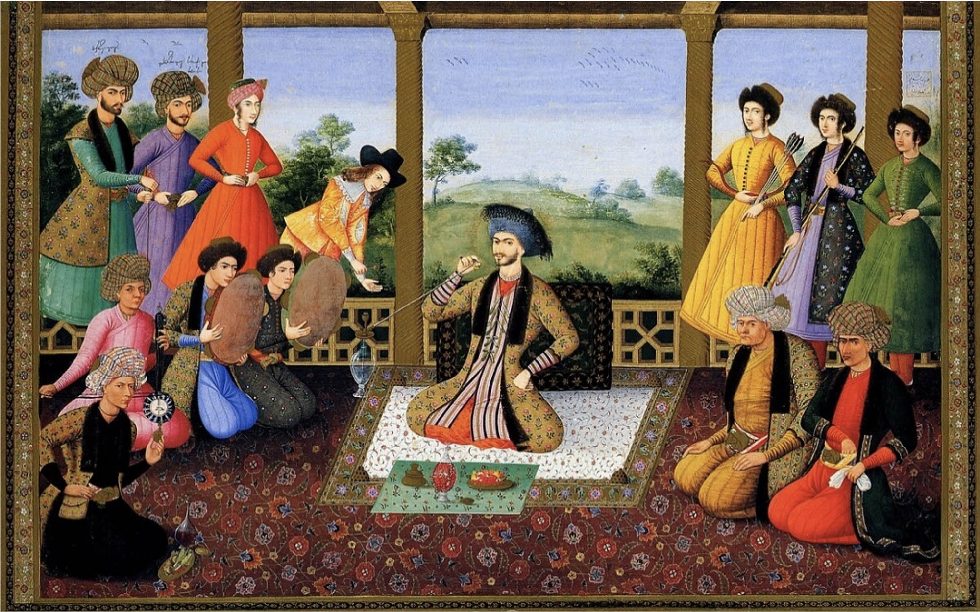 Painting of Safavid Shah Suleiman I seated on a carpet and surrounded by his advisers and courtier.