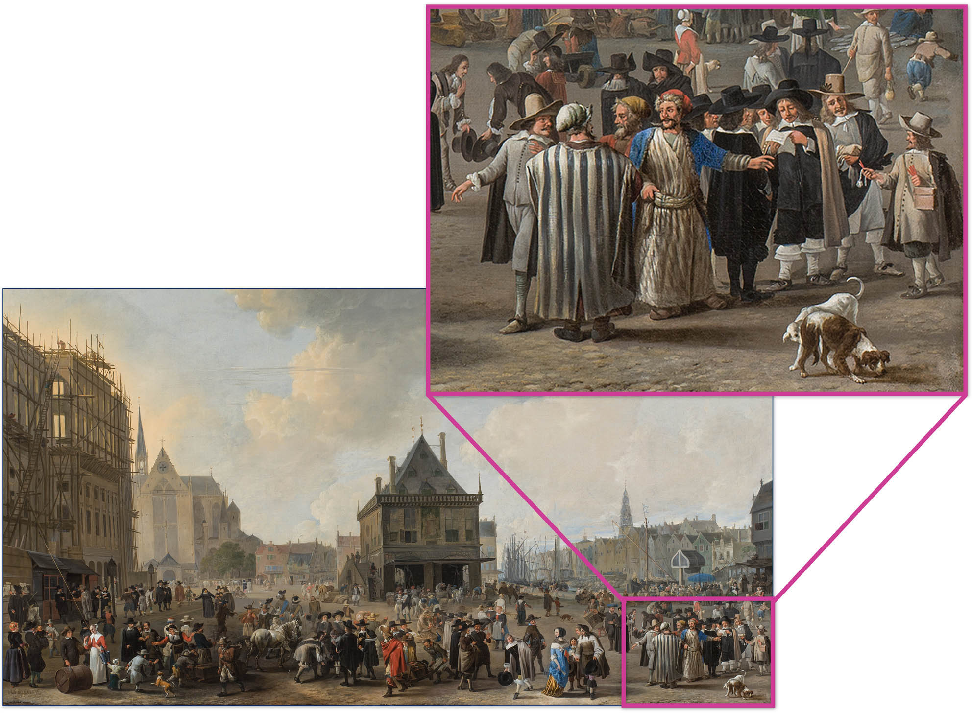 A painting of Amsterdam in the seventeenth century. A large crowd of people fill the spaces between large buildings. A close-up detail from the painting is also shown.