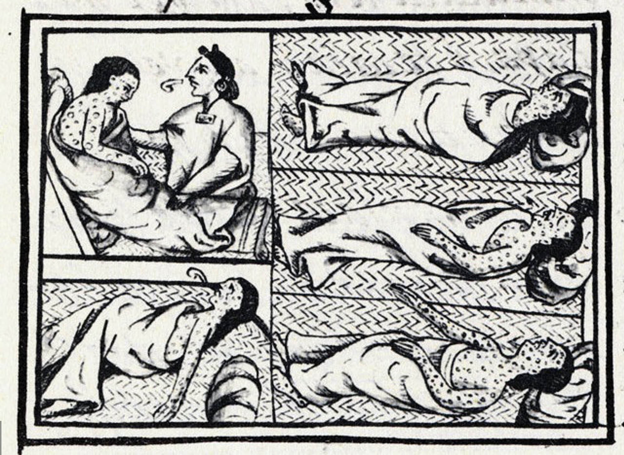 An illustration of indigenous people suffering from smallpox, their bodies are covered in sores.