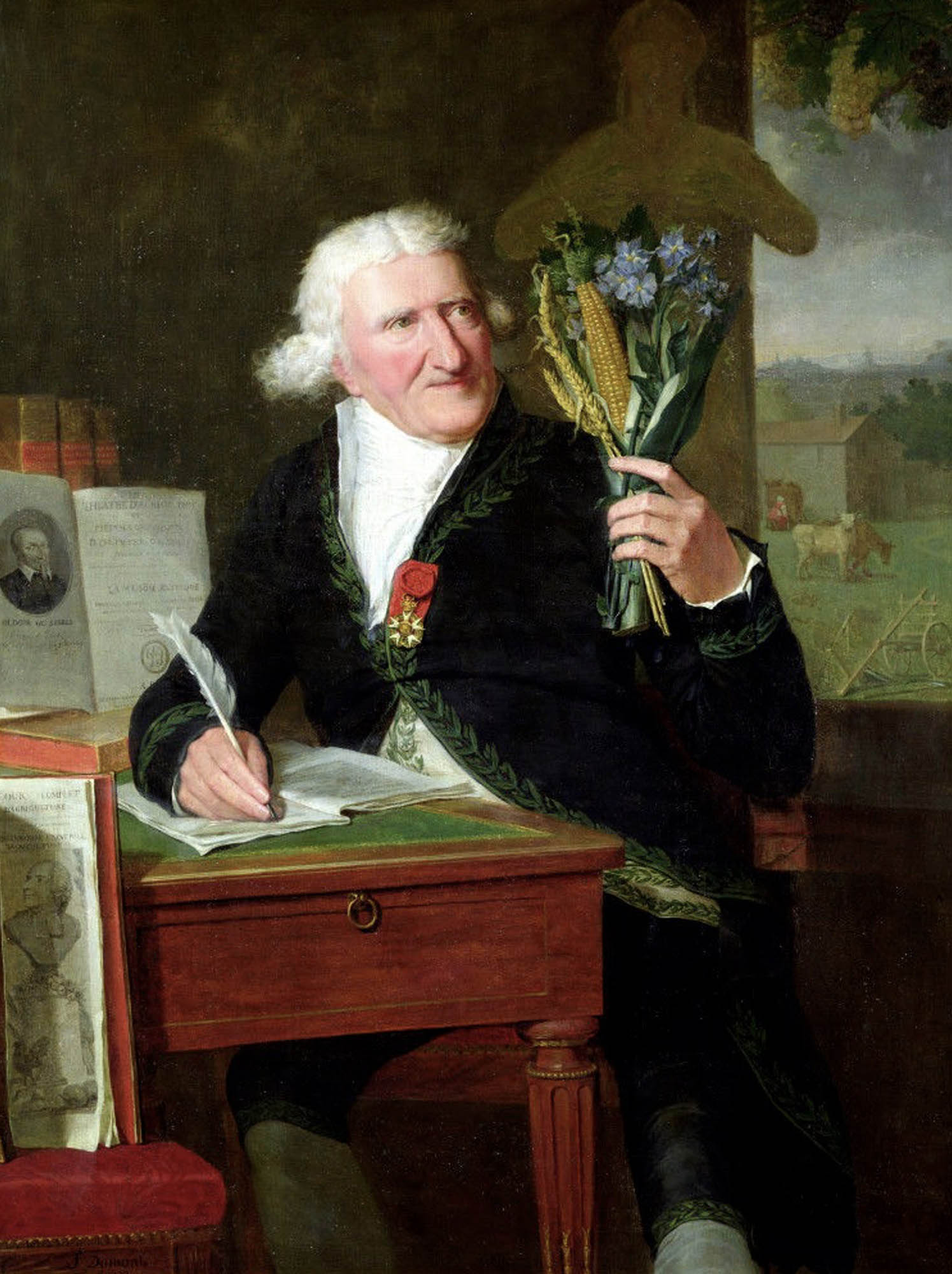 Antoine Parmentier seated at a desk holding maize and potato flowers in one hand, and quill pen in the other.