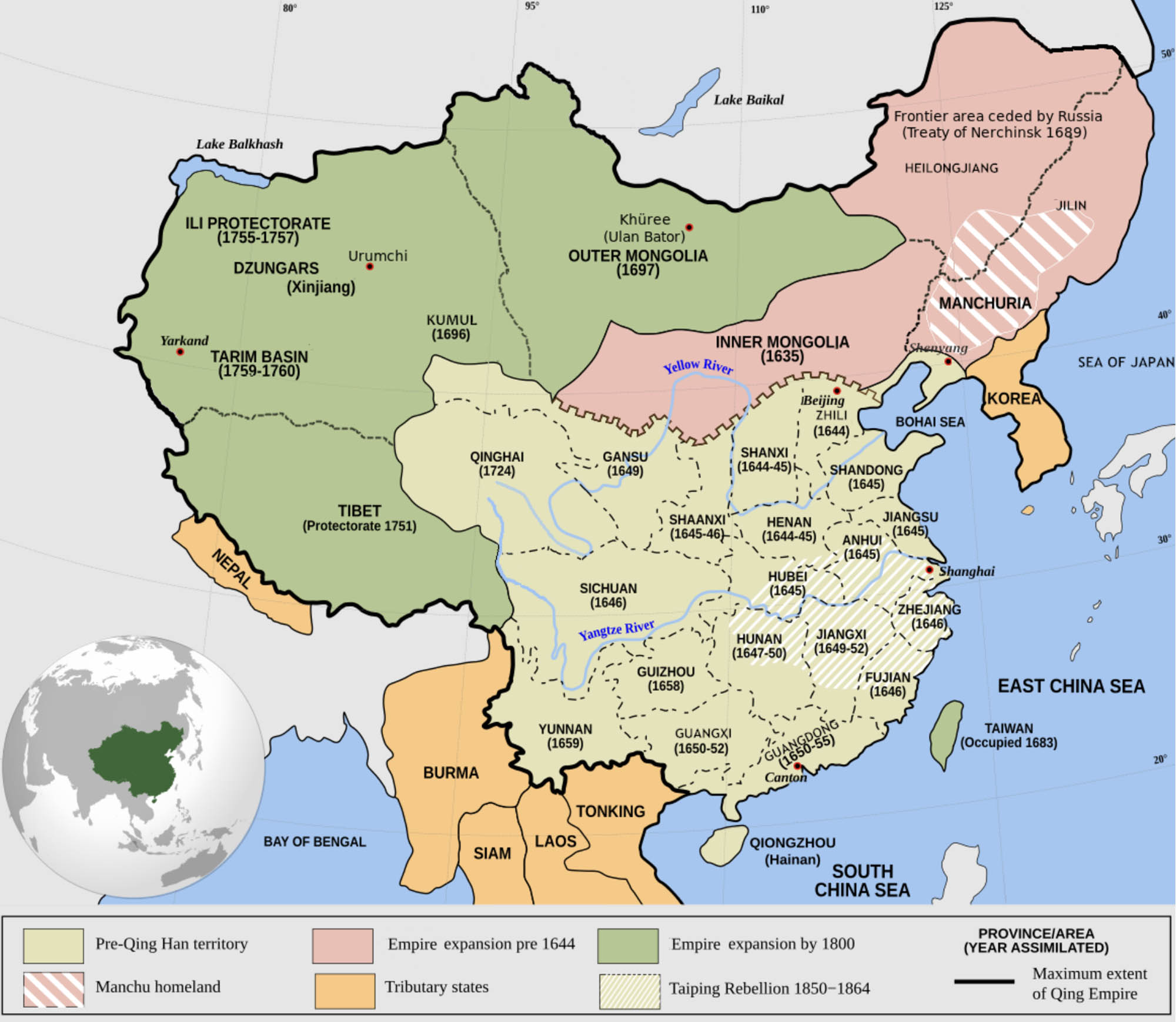 A map illustrating the expansion of the Qing Empire. The map also notes provinces and areas with their respective years of assimilation into the empire.