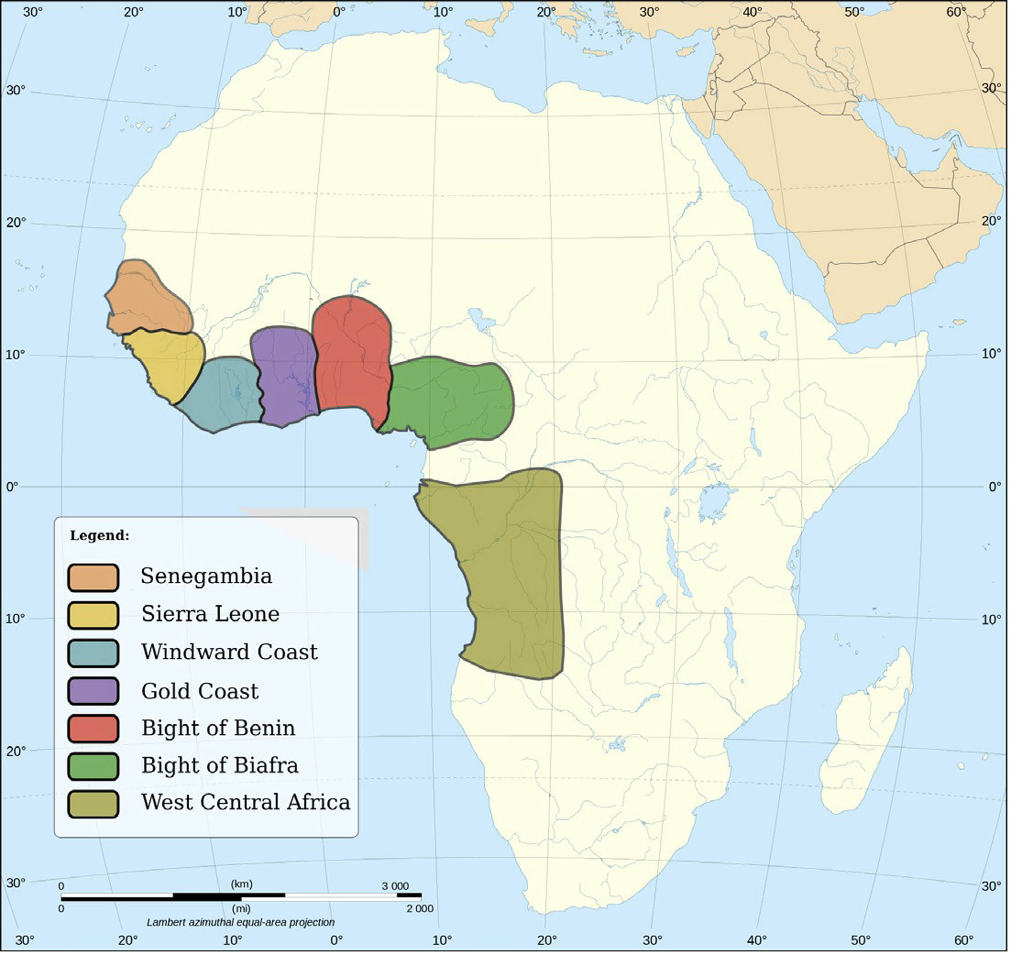A map of Africa with different countries highlighted in various colors, indicating their participation in the Atlantic slave trade network.