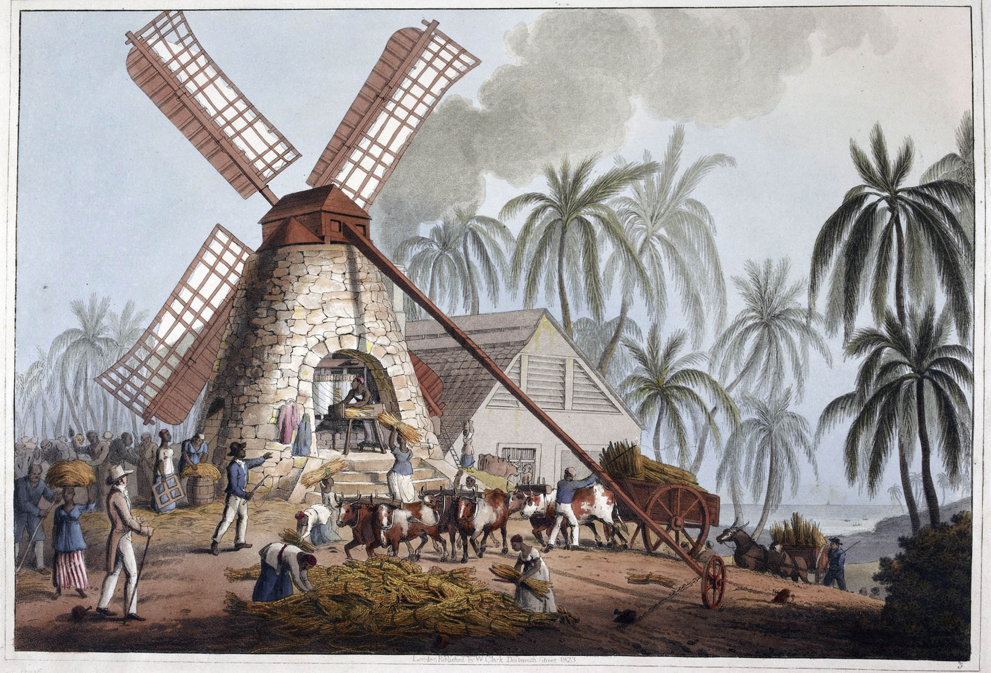 A painting of a sugarcane plantation featuring people working in the field and operating a large windmill.