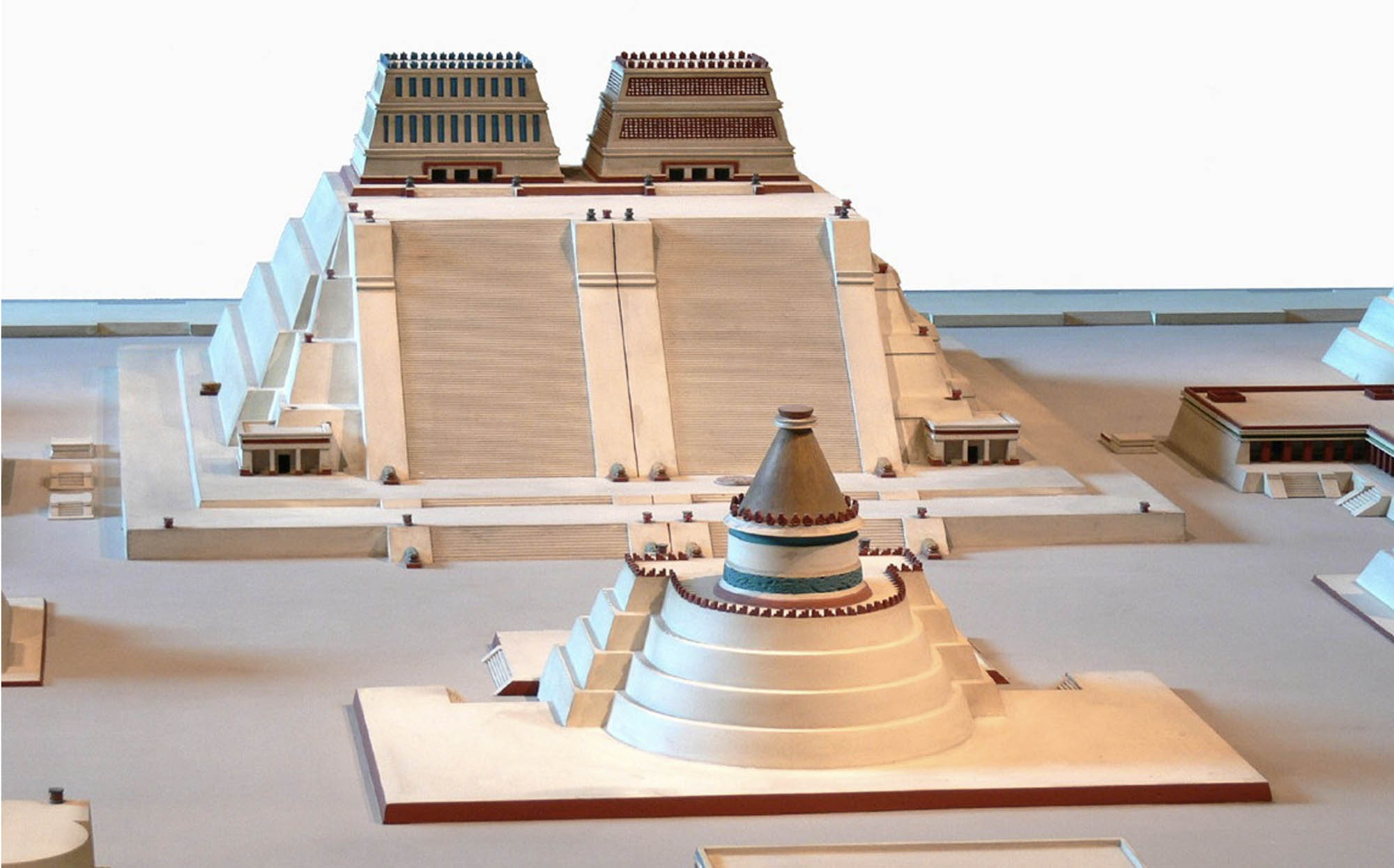 A model of what Templo Mayor might have looked like, featured are tall twin pyramids along with other surrounding structures.