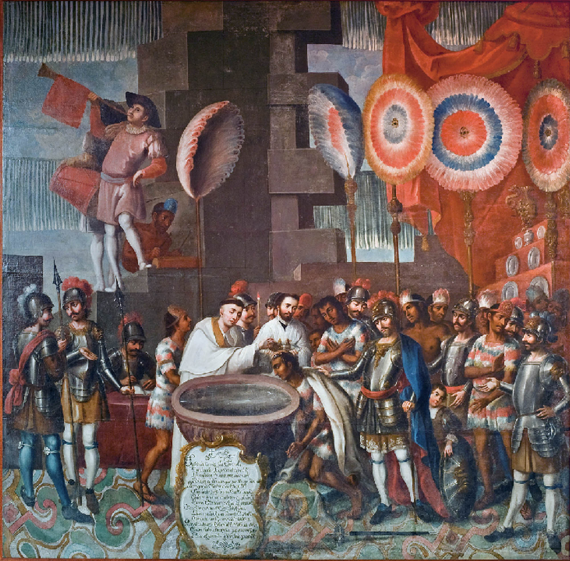 A painting of an individual being baptized amongst a crowd of onlookers, the scene includes ceremonial umbrellas and military attire.