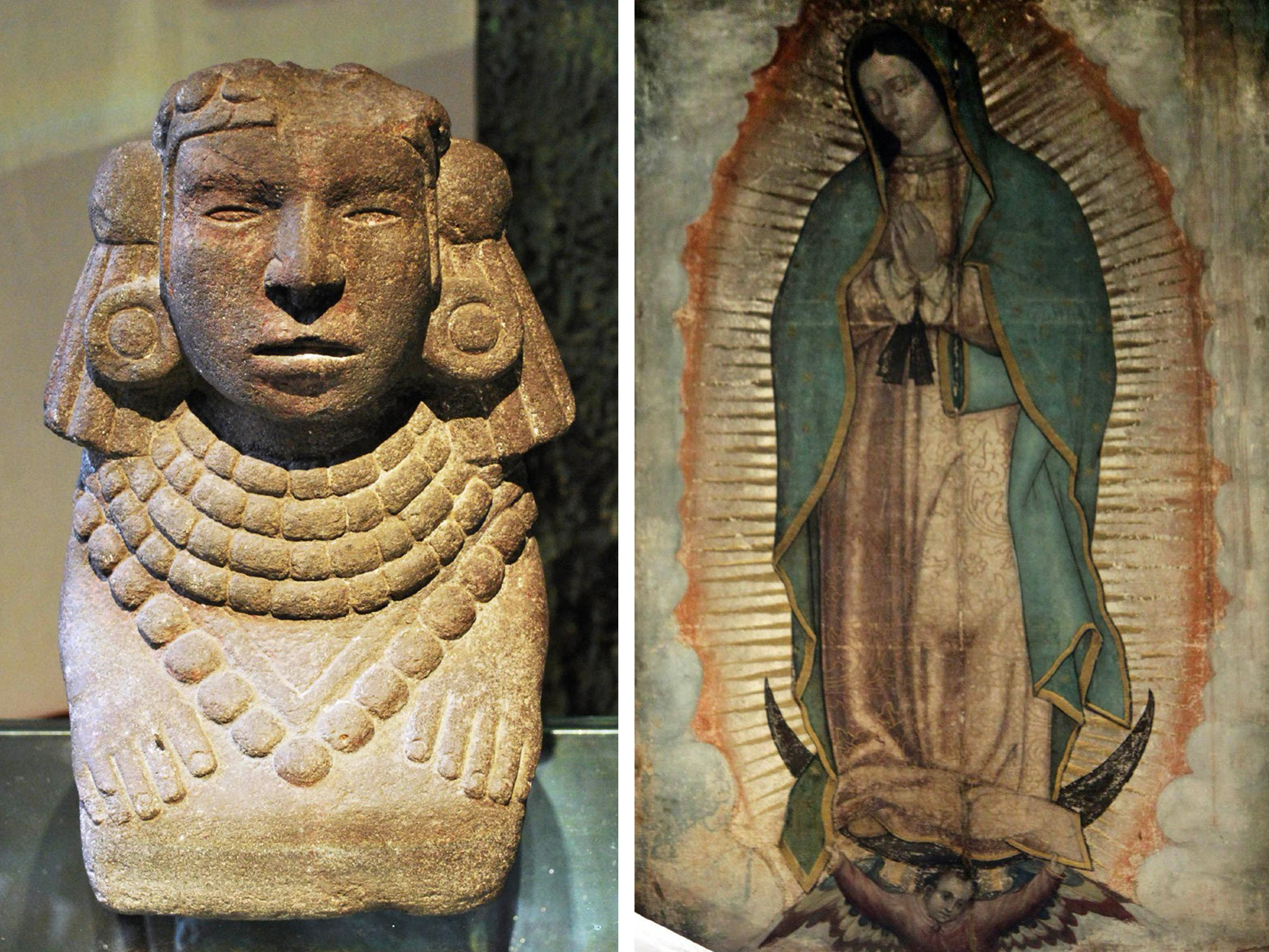 Very old artworks. On one side, a bust of a figure decorated in large, beaded jewelry. On the right, a painting of a woman with her eyes closed and her hands closed in prayer position. Around her are golden beams of light.