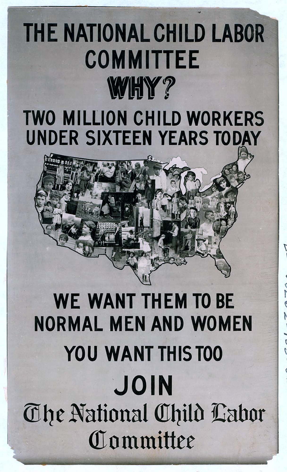 A sign calling for people to join the National Child Labor Committee and advocate for the end of child labor.