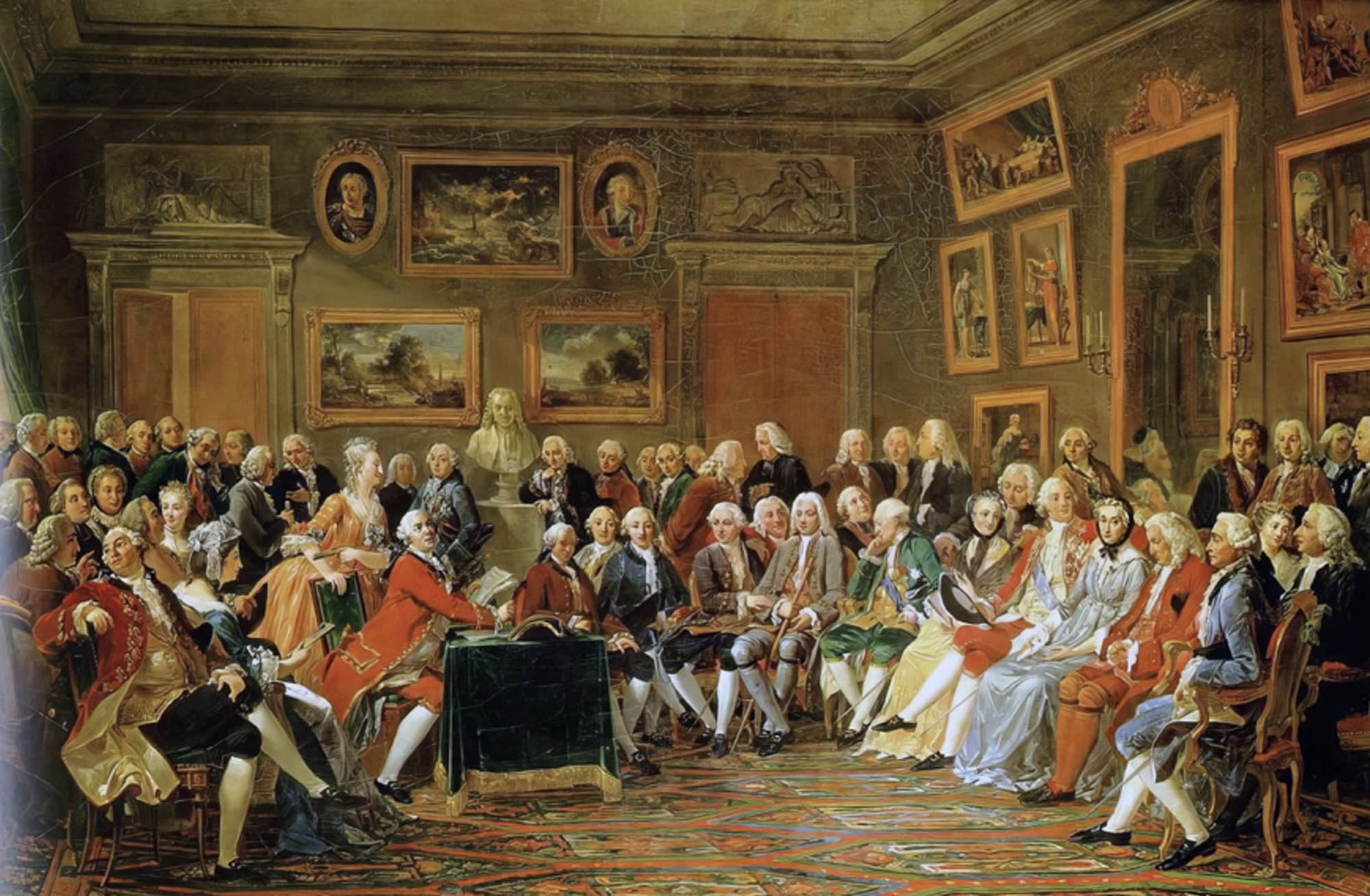 Painting of a group of people seated in a regal looking room interacting and engaging with one another.