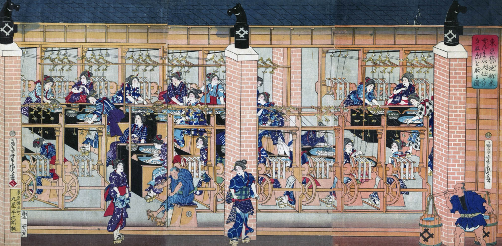A woodblock print showing workers, mostly women, operating machinery in a silk - spinning factory.