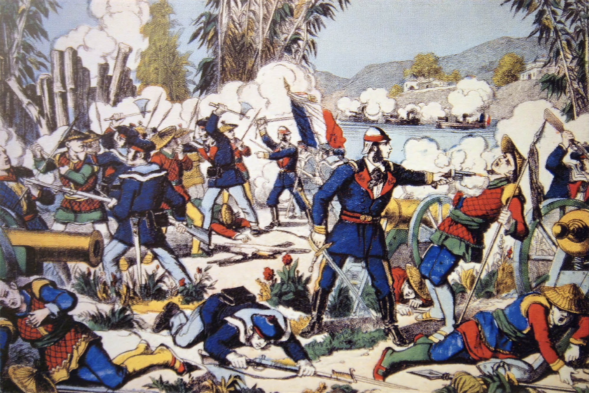 A war scene with soldiers battling in front of a body of water, some are standing with weapons others are injured on the ground.