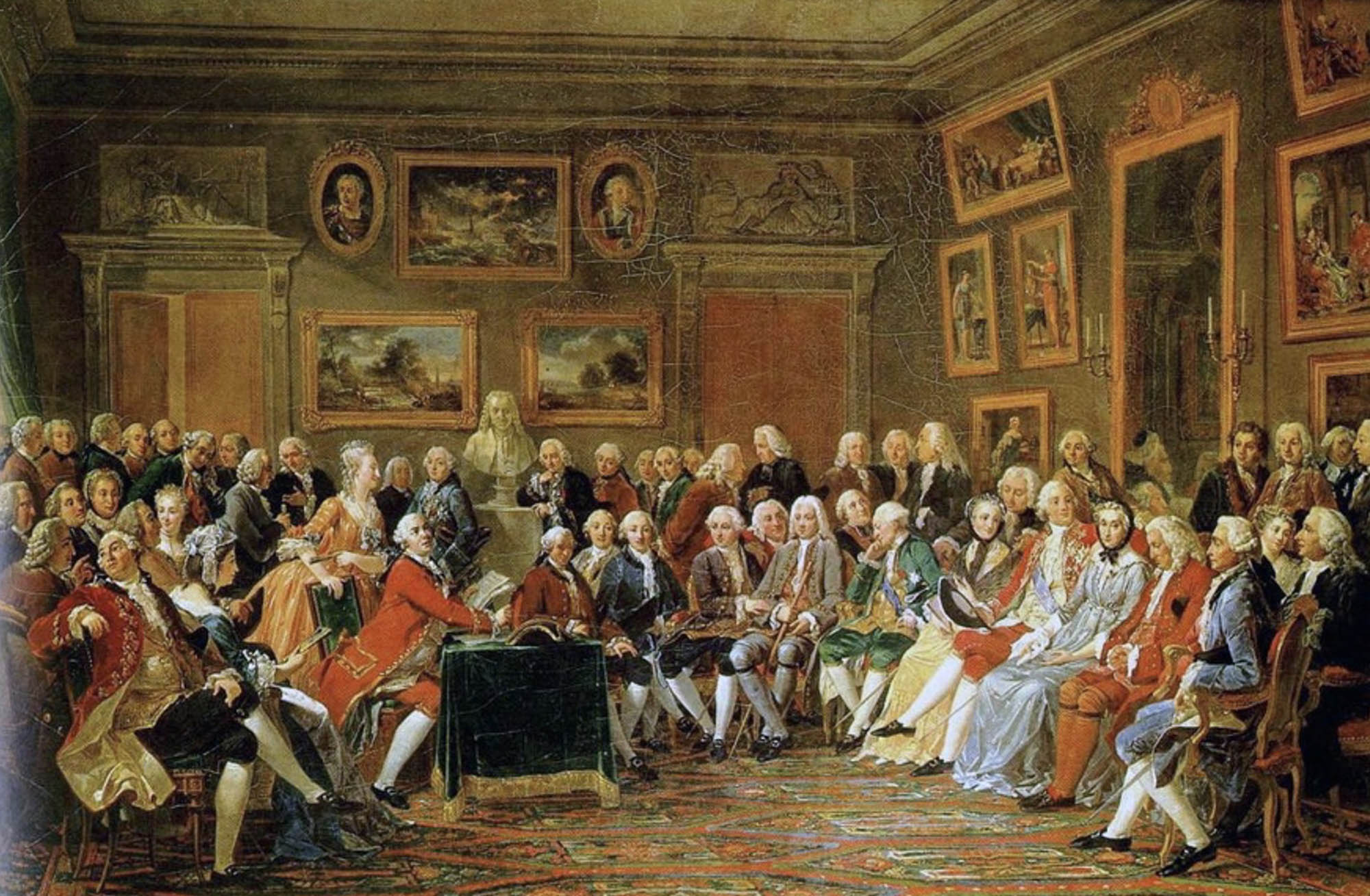 Painting of a group of people seated in a regal looking room interacting and engaging with one another.