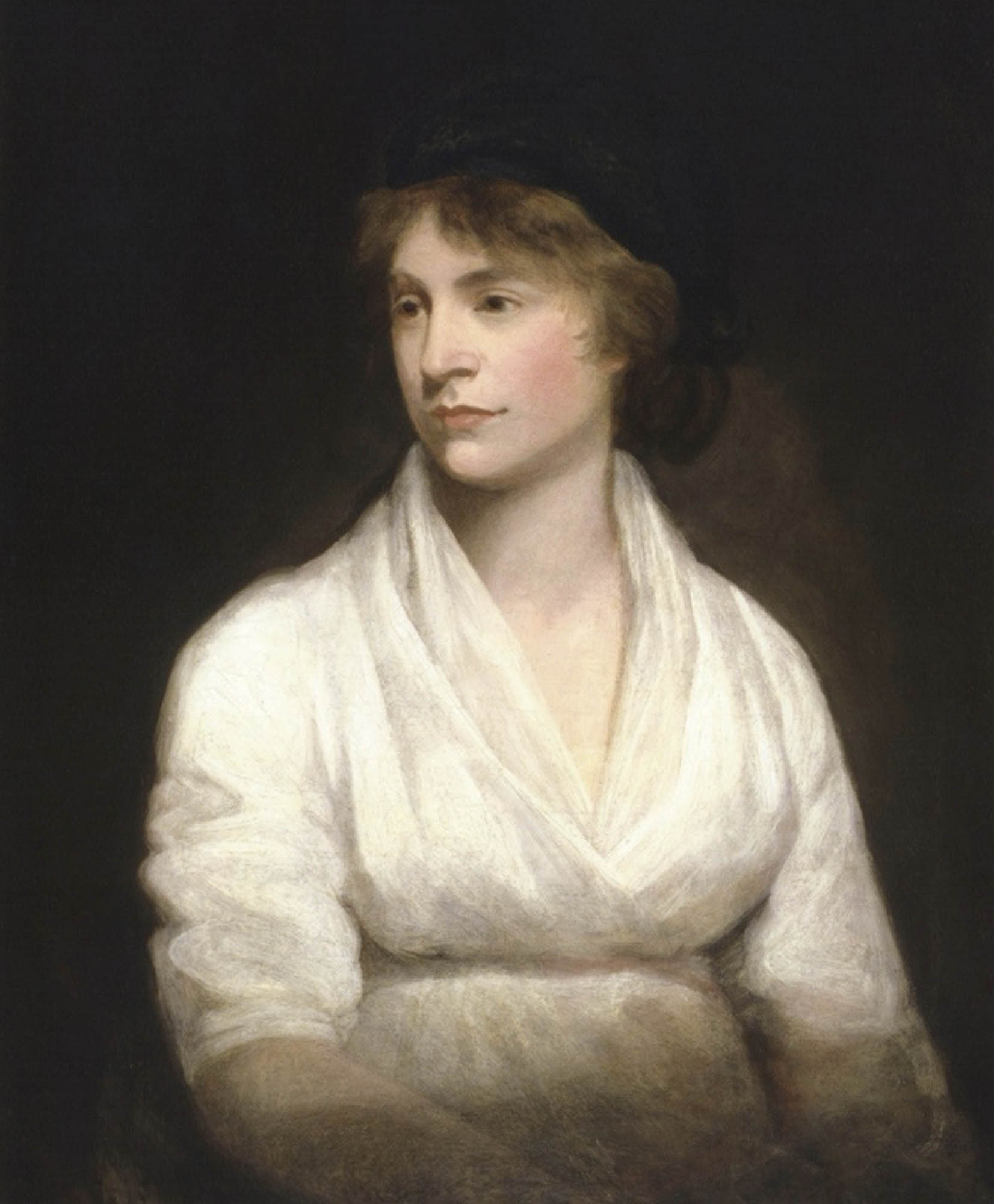 Portrait of Mary Wollstonecraft in a white blouse and black headdress looking off to the side.