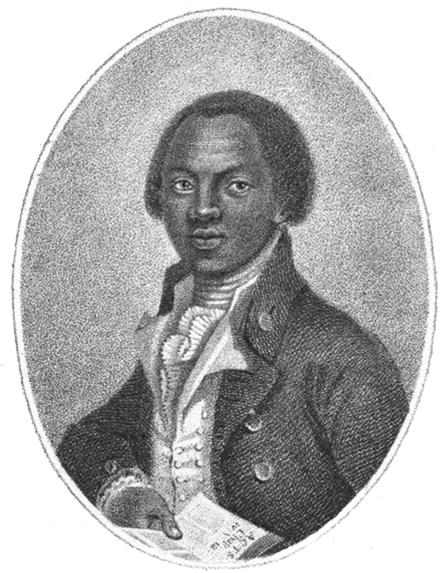 Portrait of Olaudah Equiano in a formal jacket and cravat holding a book.