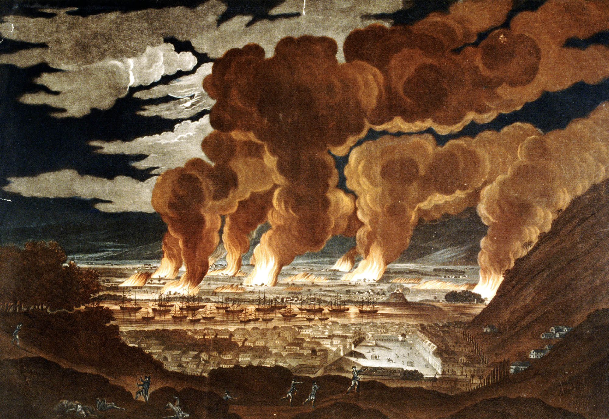 Painting showing a city engulfed in flames, with plumes of smoke rising into the sky and ships in the harbor also on fire. 