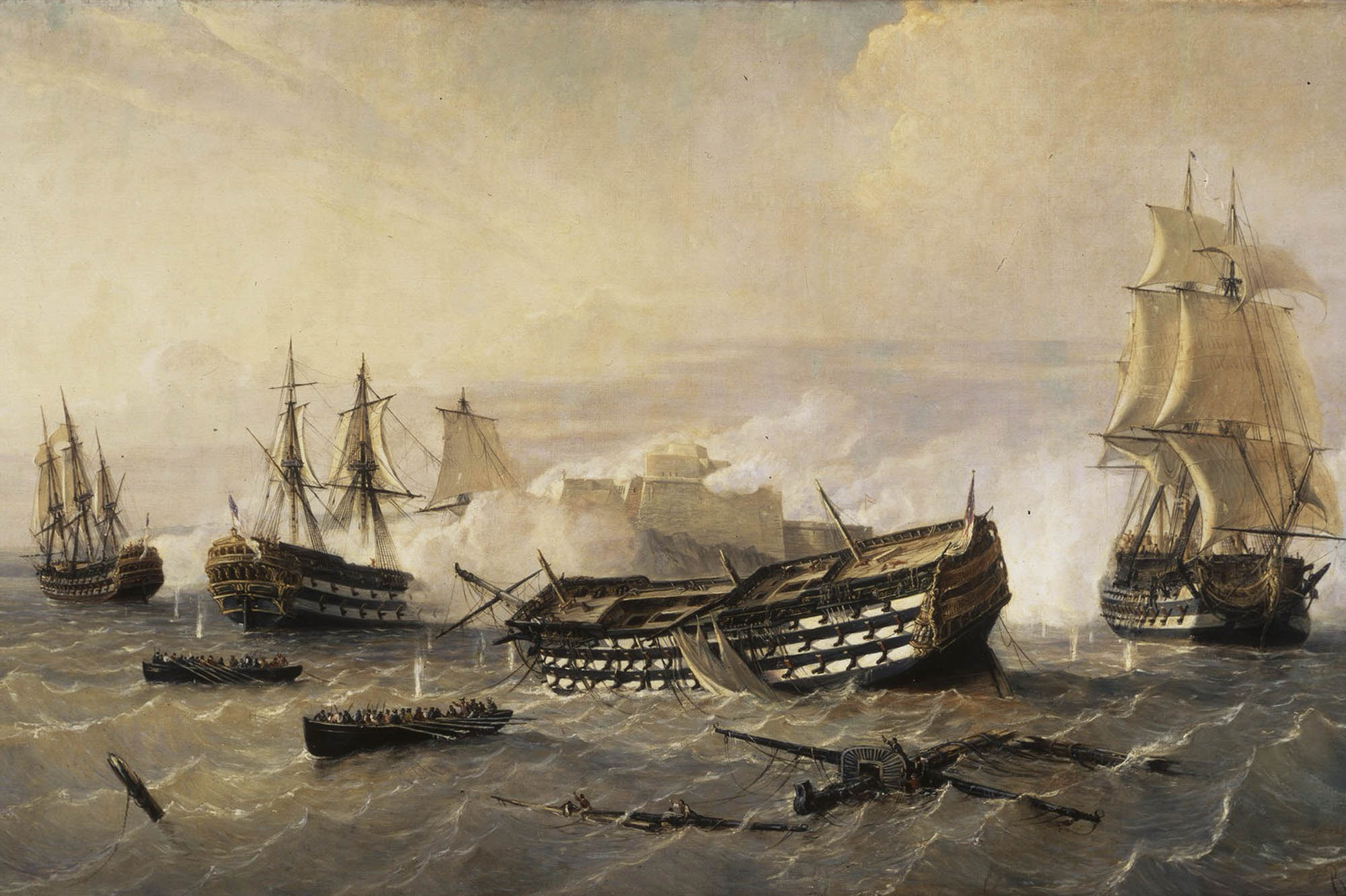 Painting of several ships in a body of turbulent water surrounding a badly damaged large ship.