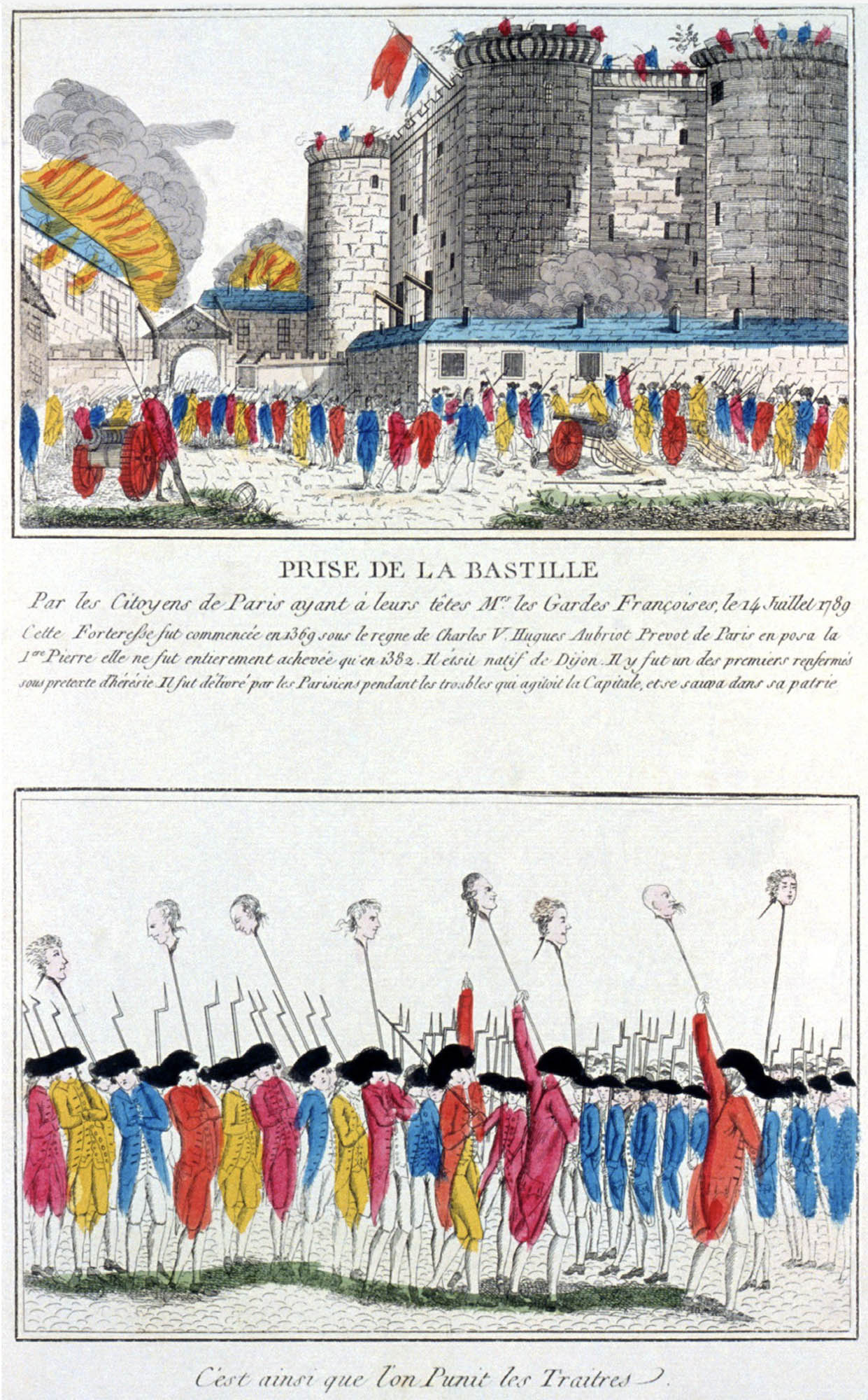 Images depicting the storming of the Bastille. The top panel shows the assault on the fortress, while the bottom panel displays cut off heads on pikes. The text on the image translates to "Storming of the Bastille" and "This is how traitors are punished." 