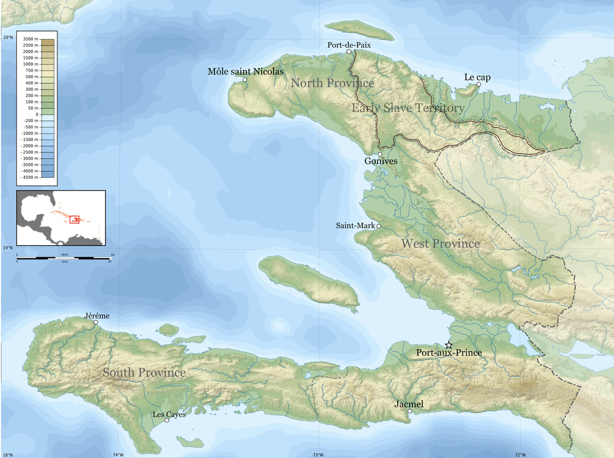 A map of the western half of the island of Hispaniola, which is Haiti today.
