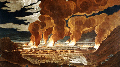 Painting showing a city engulfed in flames, with plumes of smoke rising into the sky and ships in the harbor also on fire.