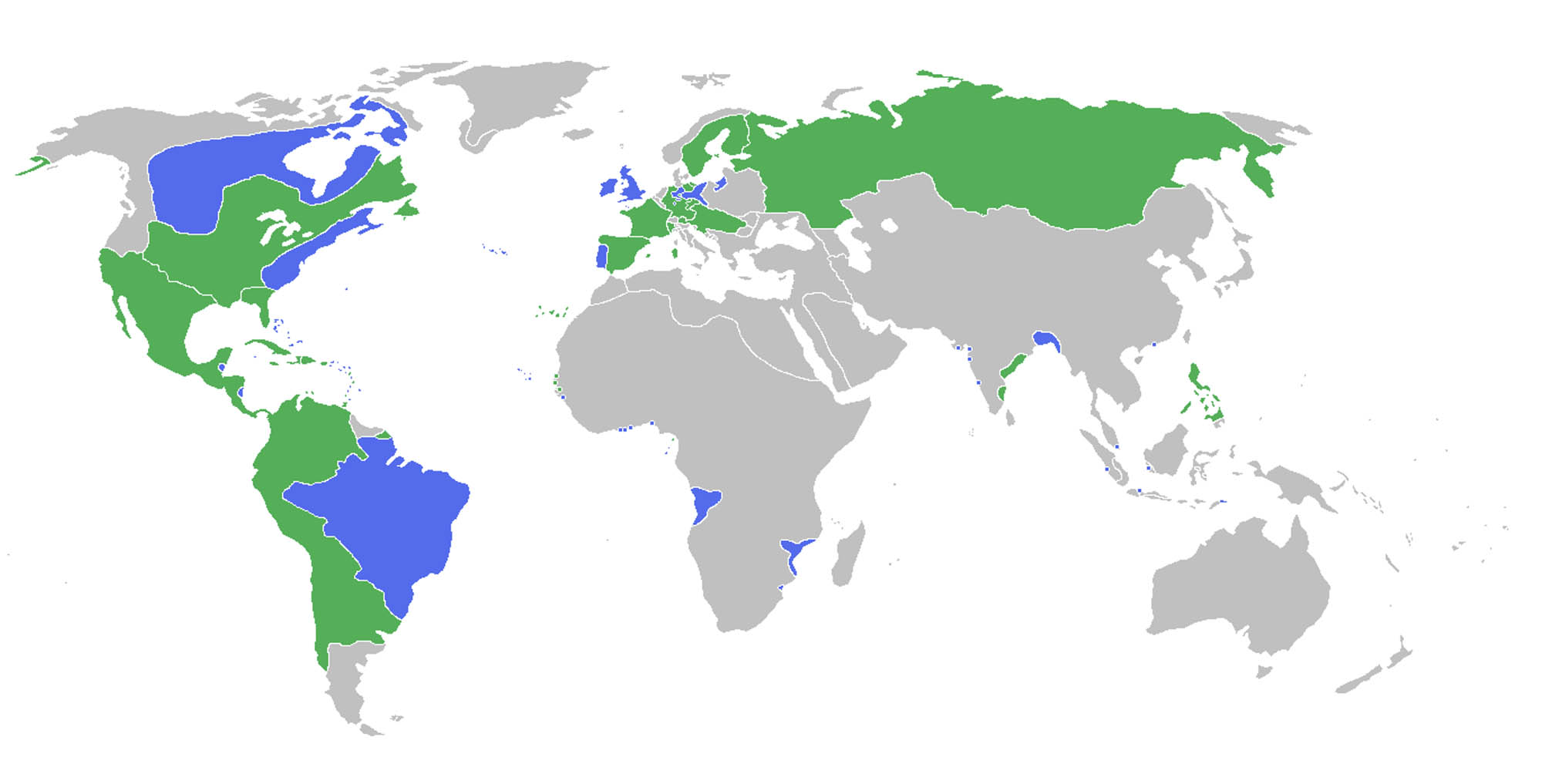 A map of the world depicting the territories involved in the Seven Years' War, green areas represent territories allied with Great Britain and Prussia, while blue areas represent territories allied with France, Spain, and other nations.