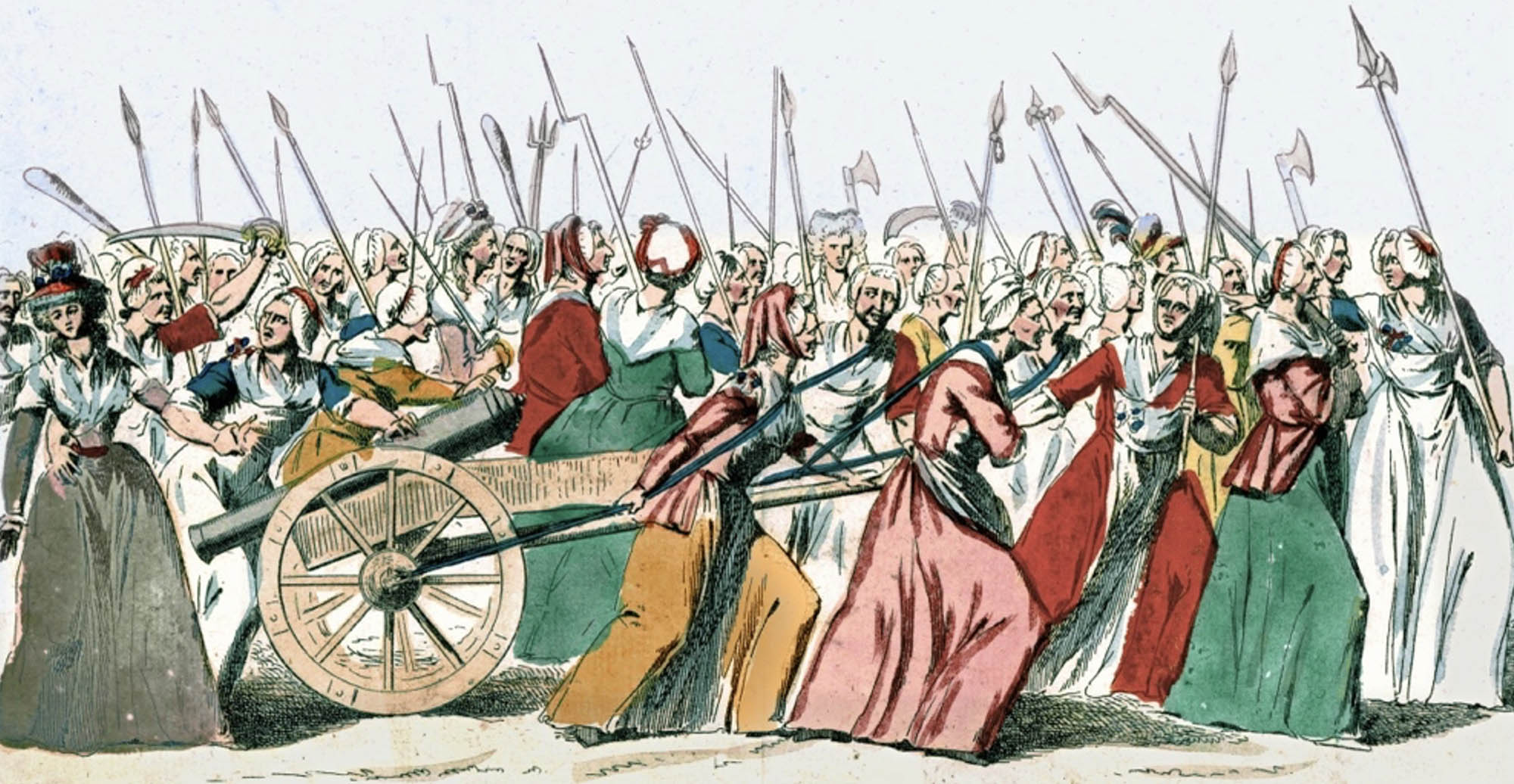 A group of mostly women armed with various weapons, the image depicts the Women's March on Versailles.