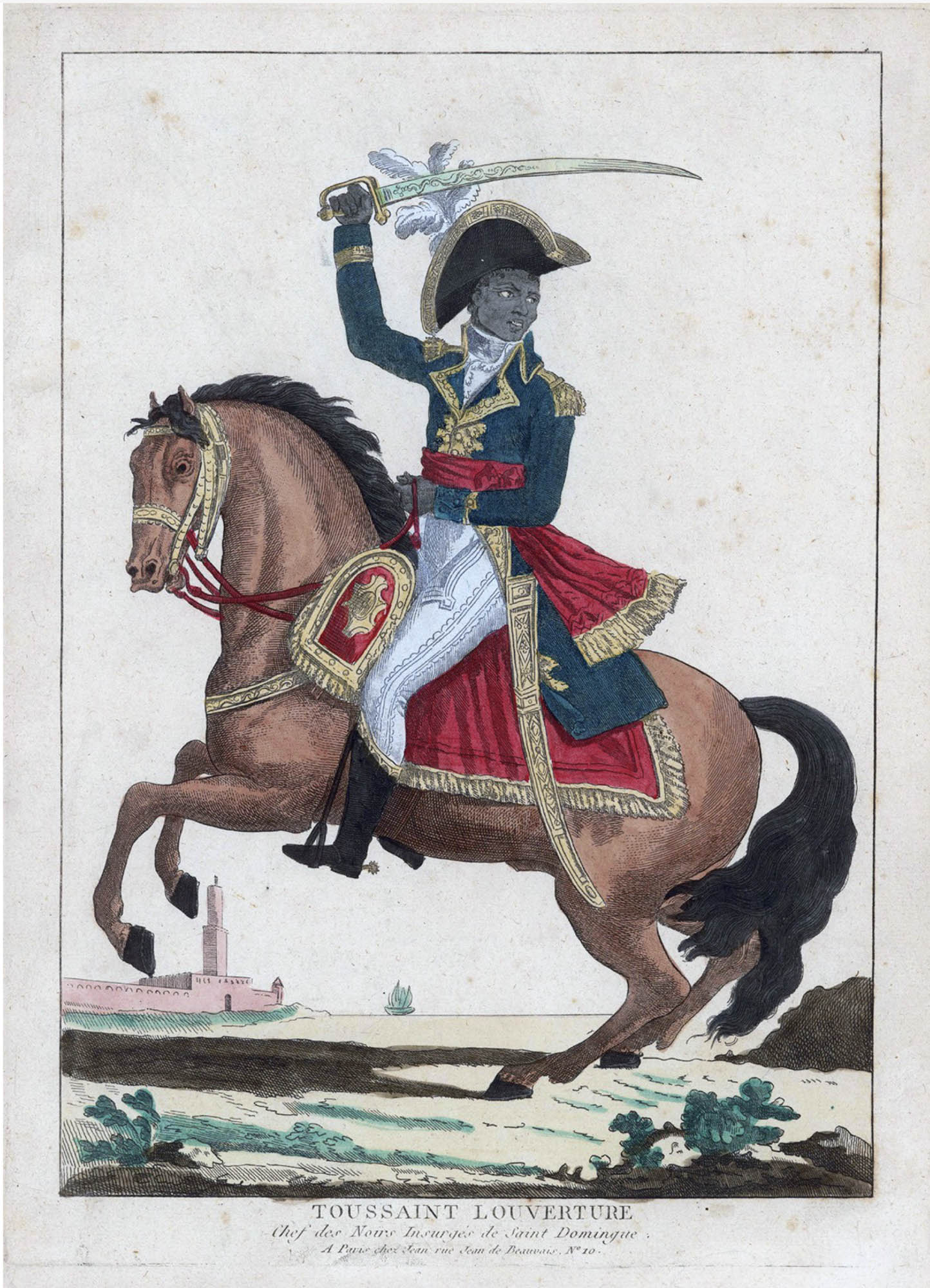 Drawing of Toussaint Louverture in a military uniform and feathered hat, riding a horse and holding a sword in the air.