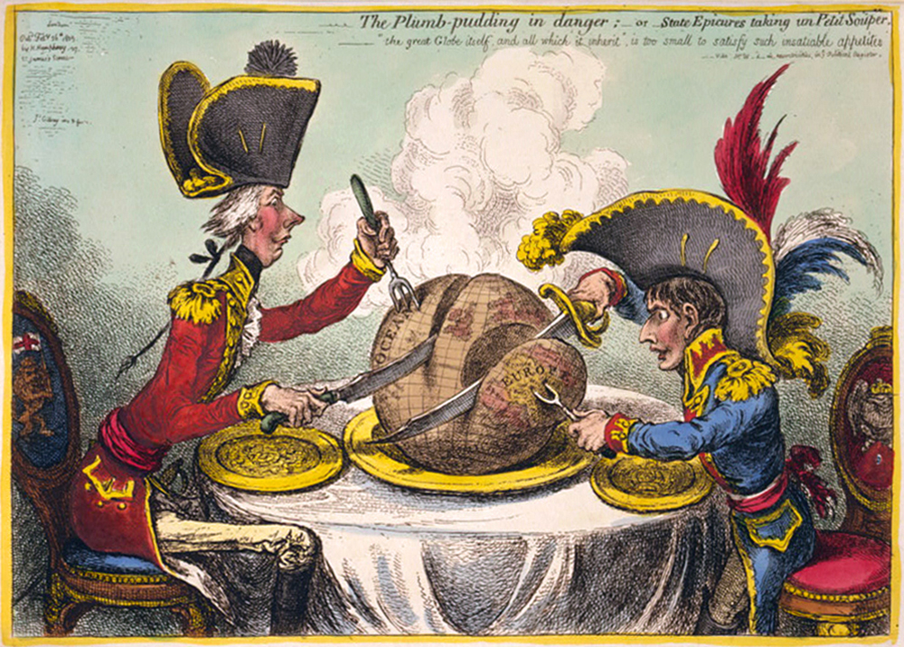 Image of two leaders wearing uniforms and hats, seated at a table, and carving a large plum pudding which is shaped and designed as a world globe.