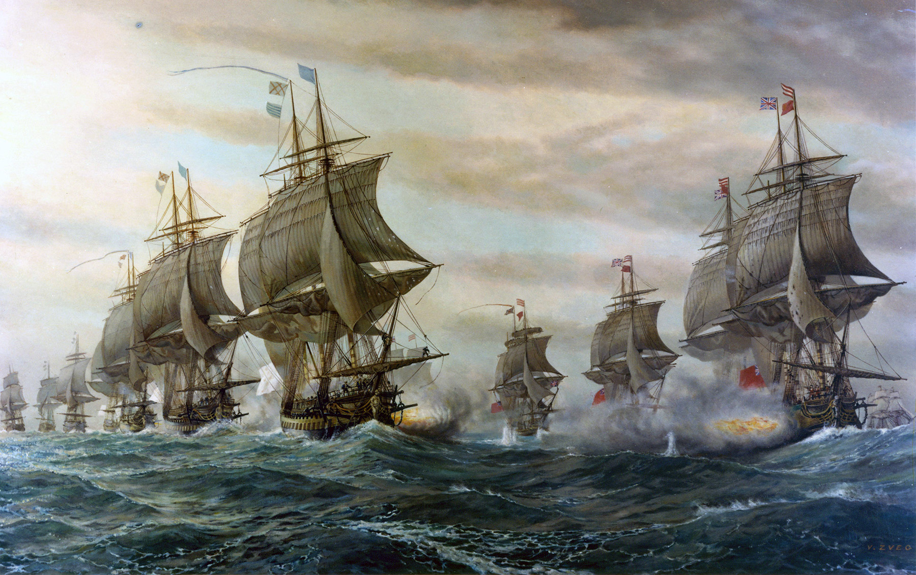 Painting depicting a naval interaction between warships with raised flags of different countries, on turbulent dark blue waters under a cloudy sky.