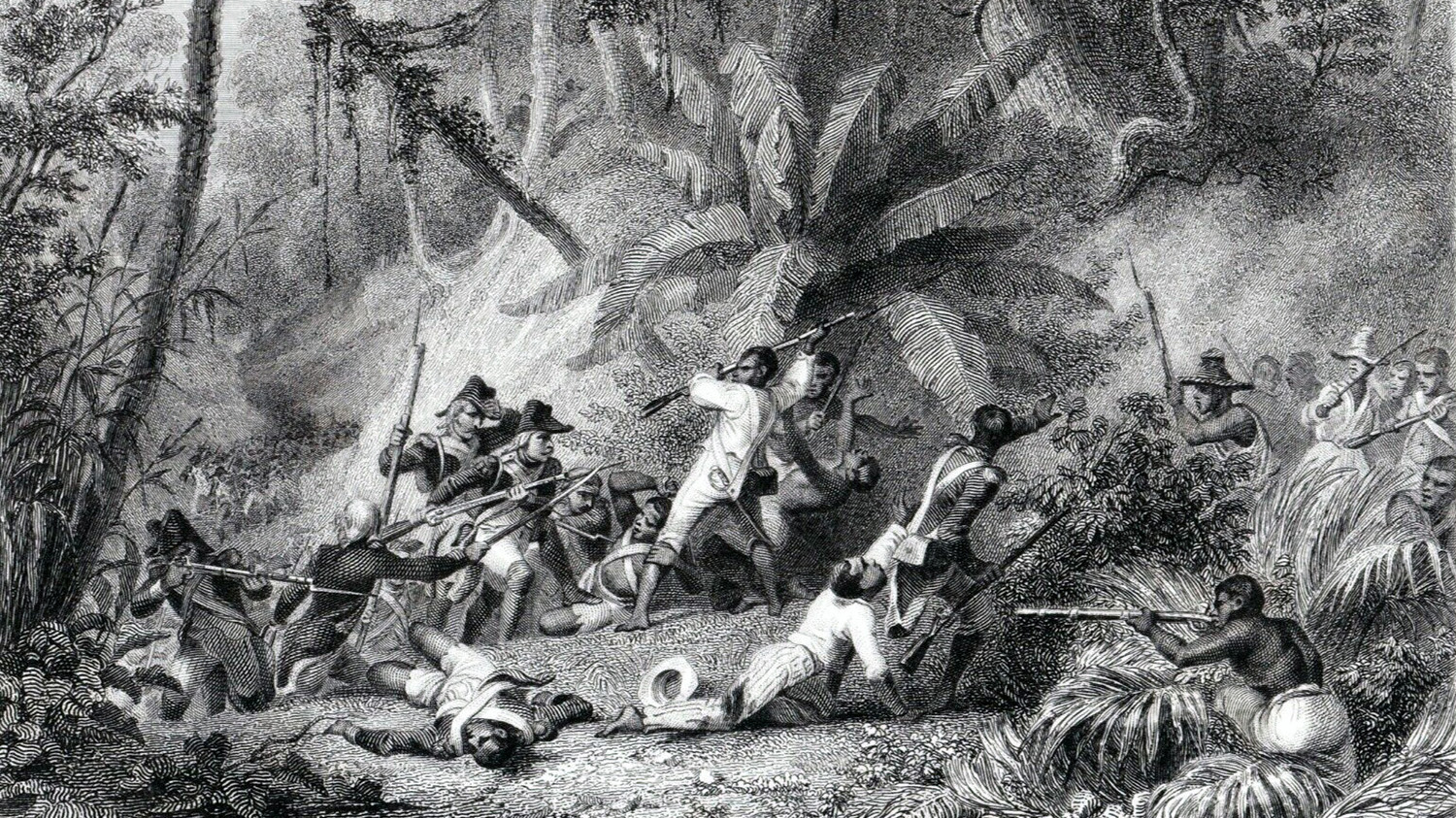 Black and white engraving depicting a battle scene in a jungle-like setting. The battle is between white men in uniforms and black indigenous men of Haiti; several men are seen hurt on the ground.