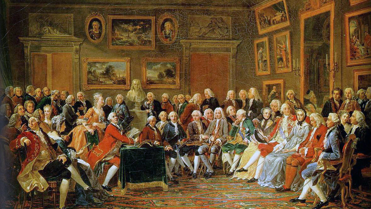 Painting depicting an opulent appearing crowd of men and women having a discussion in a lavish grand room with artwork and portraits on the wall.