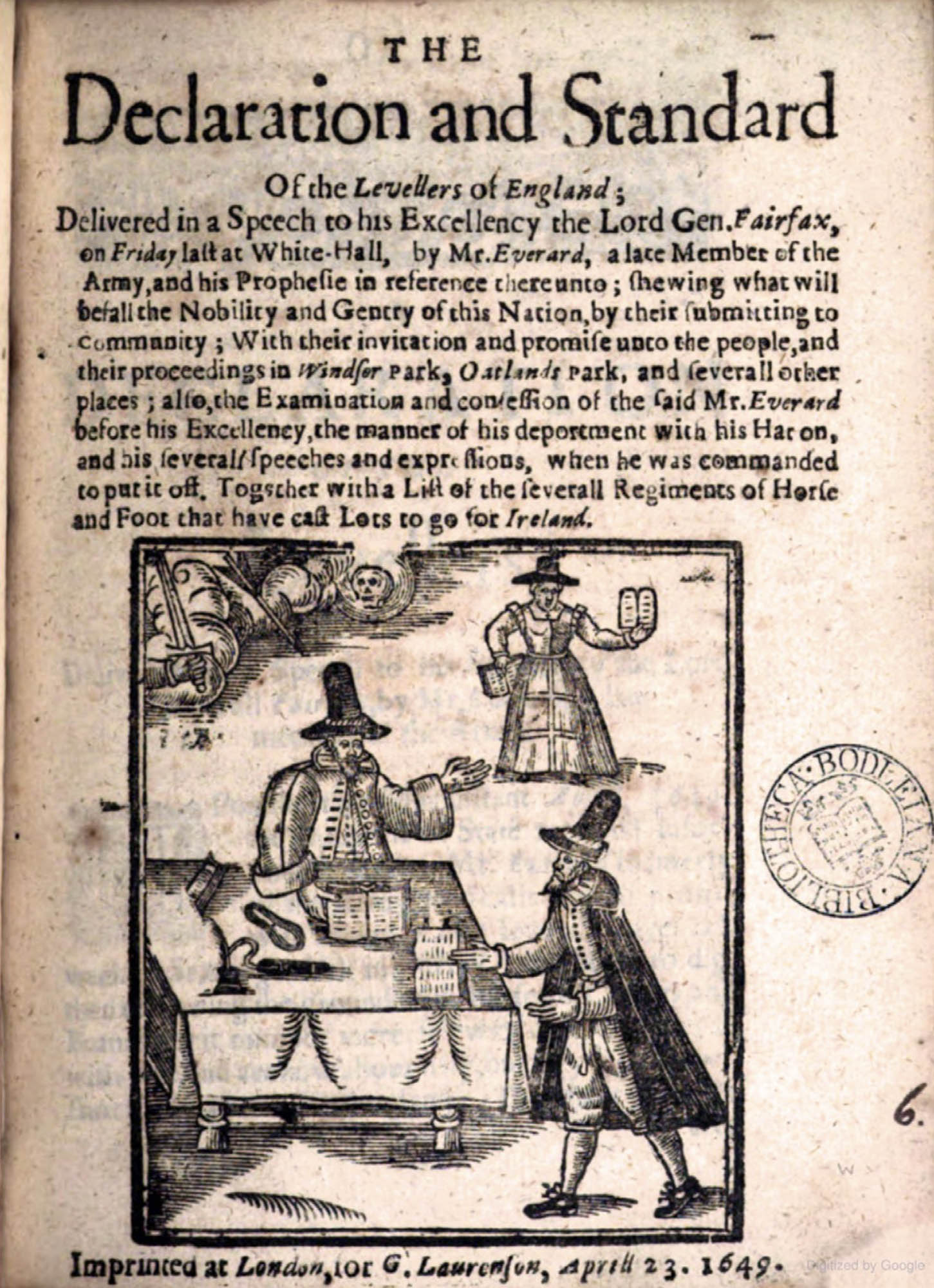 A scanned page from "The Declaration and Standard of the Levellers of England". It includes the text of the declaration and a woodcut illustration depicting a meeting scene.