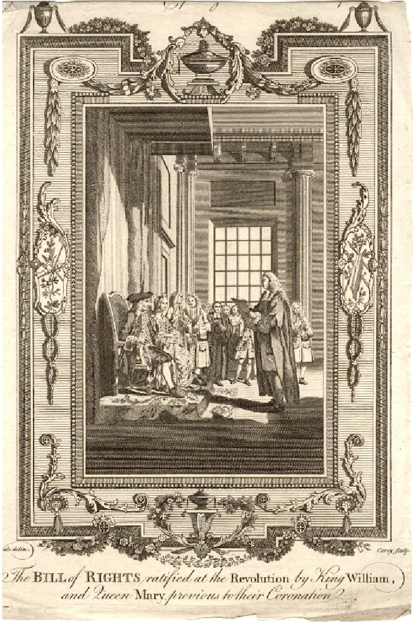 Engraving depicting a scene in a courtroom, a man in a long coat is standing and speaking to a group of seated figures, the text on the image reads “Bill of Rights.”