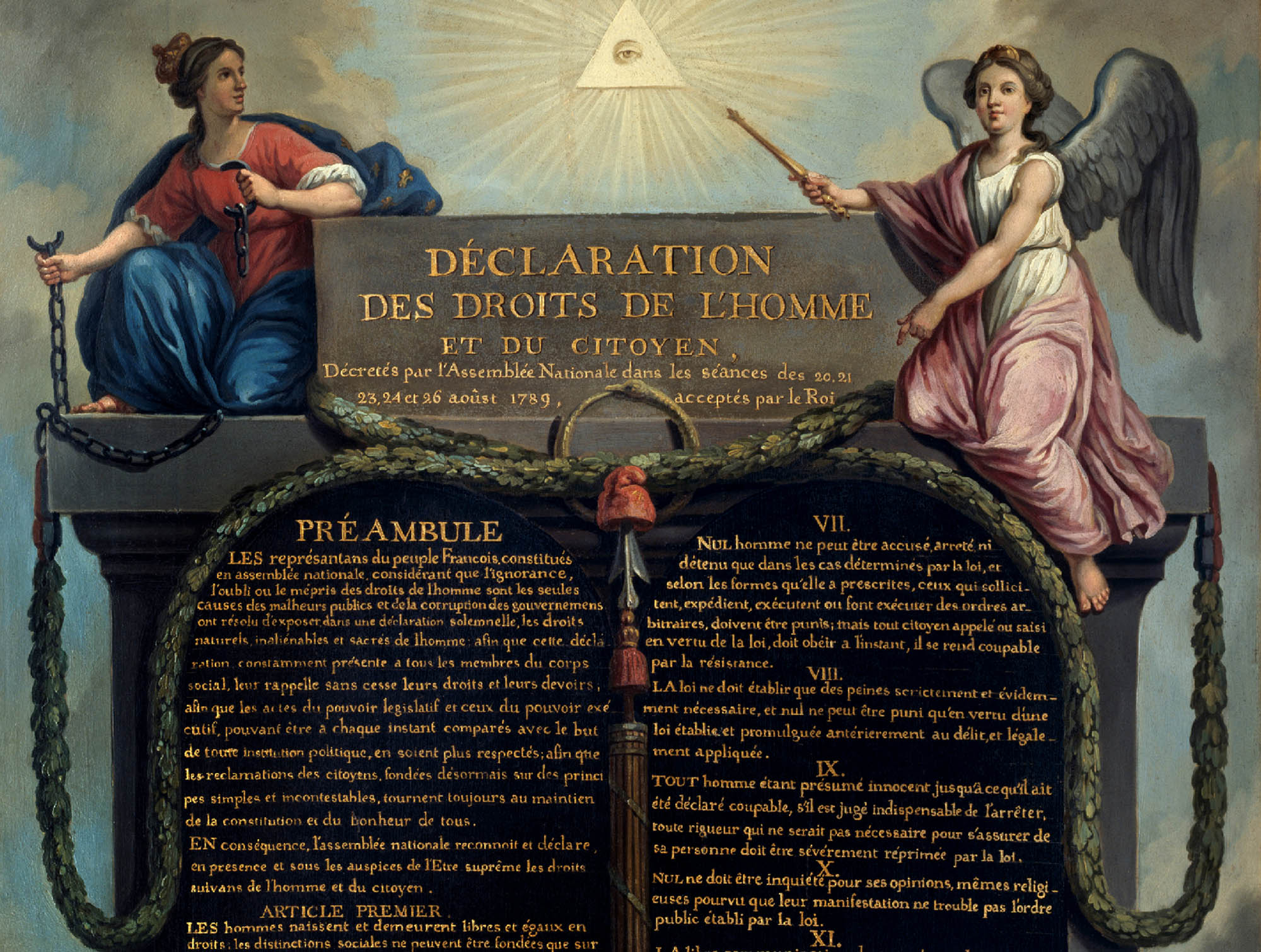 Painting of two female figures sitting up high by a sign that reads “Declaration of the Rights of Man and of Citizen”, one has wings and holds a broken chain, the other holds a scepter.