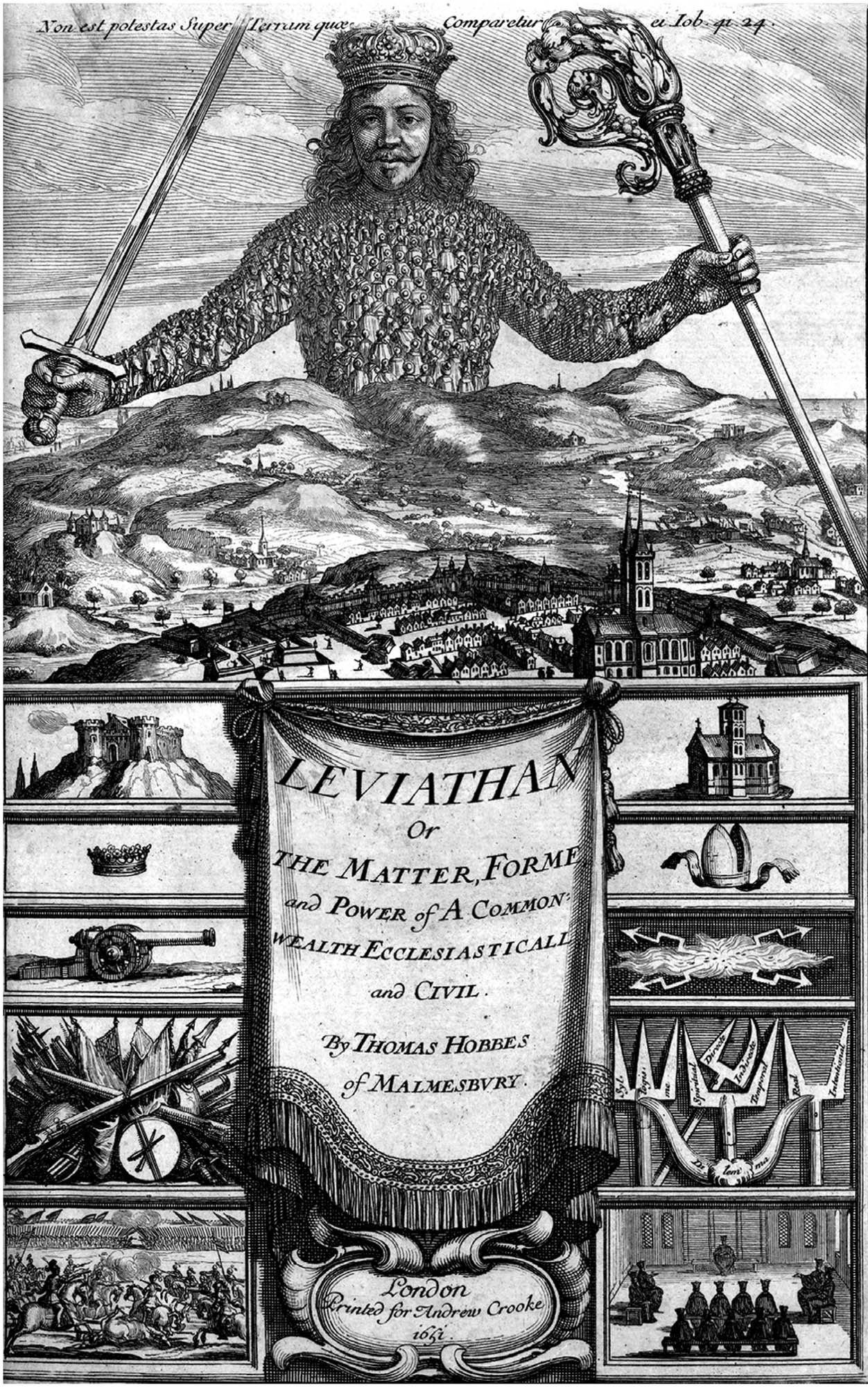 A giant crowned figure, the Leviathan, whose body is made up of many smaller people, emerging from behind a landscape, the figure holds a sword in its right hand and a scepter in its left, below the main image is a title banner that reads "LEVIATHAN / Or / THE MATTER, FORME / and POWER of A COMMON / WEALTH ECCLESIASTICALL / and CIVIL."