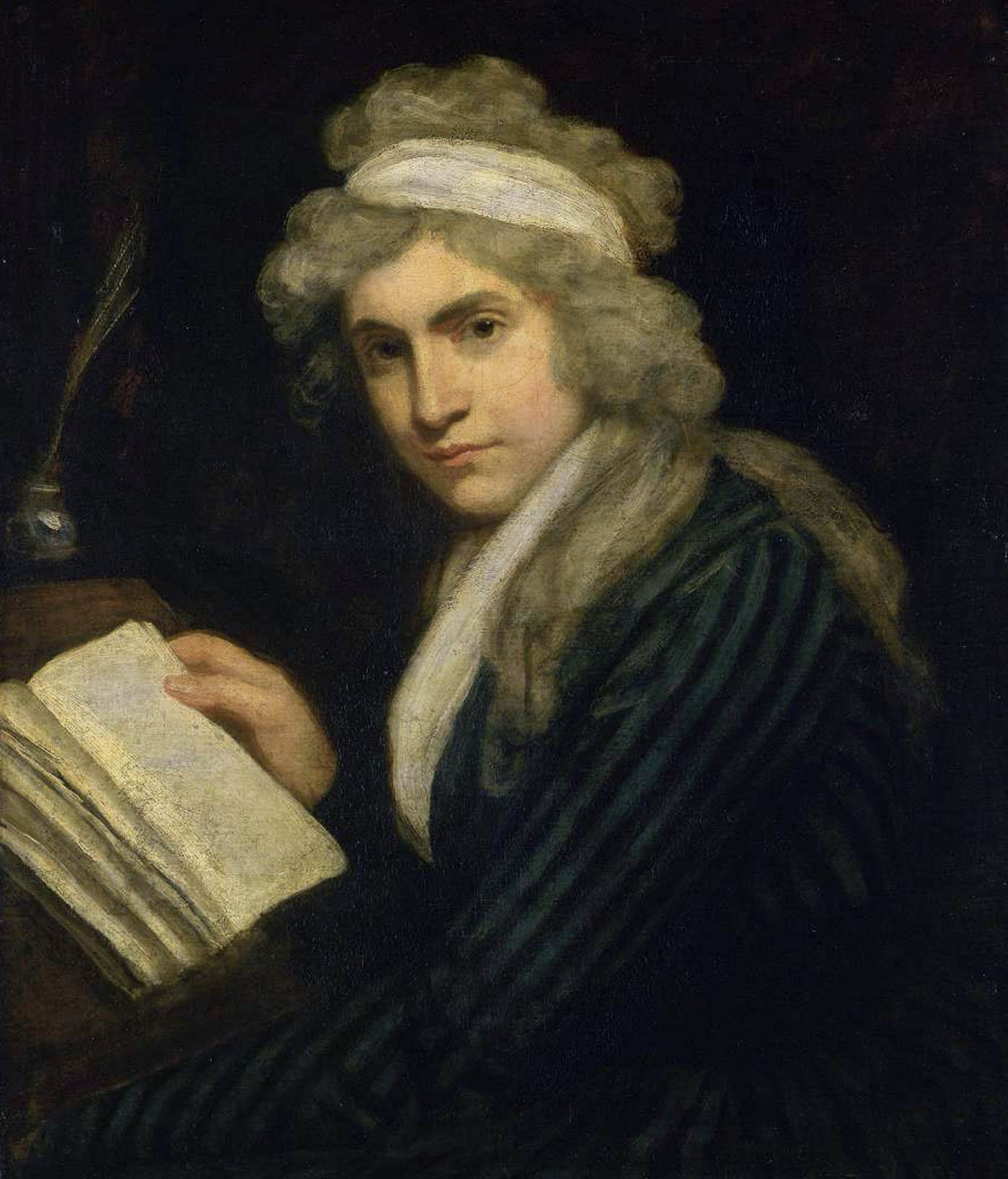 Portrait of Mary Wollstonecraft wearing a dark green, striped dress and a white scarf draped over her head and shoulders. In one hand she holds an open book with blank pages.